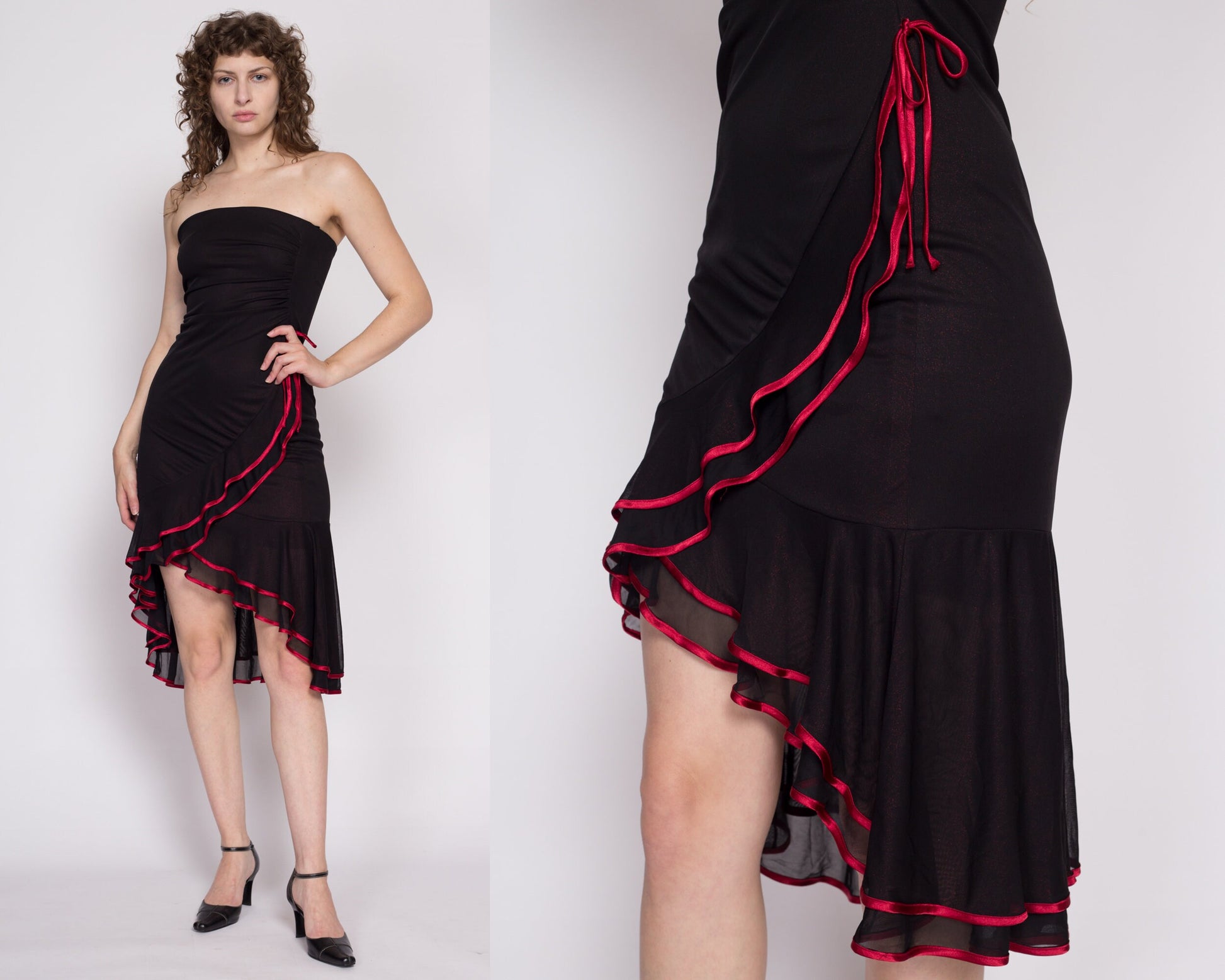 XS| Y2K Gothic Black & Red Metallic Strapless Party Dress - Extra Small | Vintage Ruffle High Low Hem Midi Mini Dress