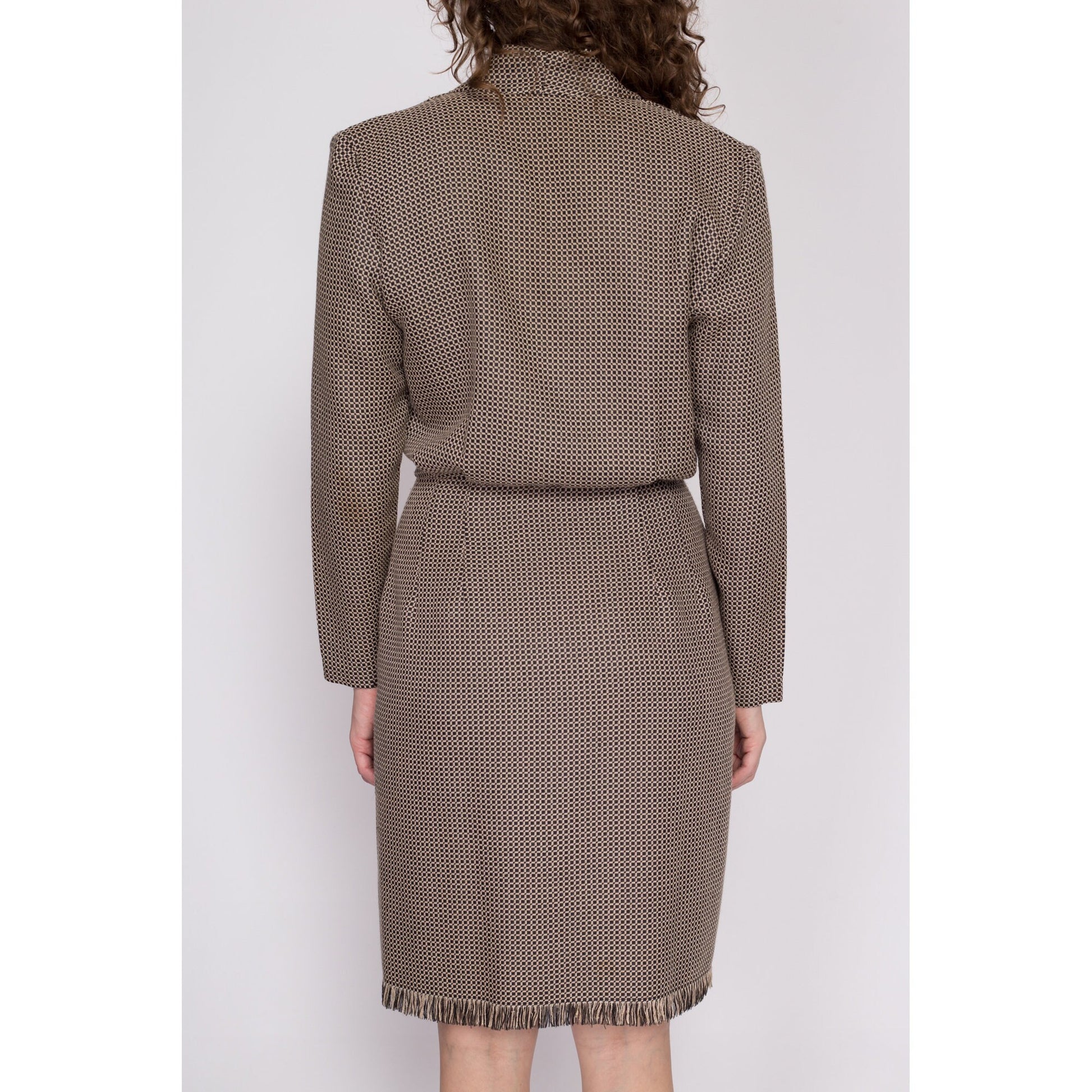 M| 90s Knit Fringe Wrap Dress - Medium | Vintage Long Sleeve Brown Black Knee Length Secretary Dress
