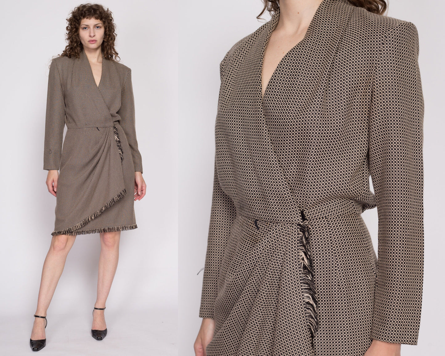 M| 90s Knit Fringe Wrap Dress - Medium | Vintage Long Sleeve Brown Black Knee Length Secretary Dress
