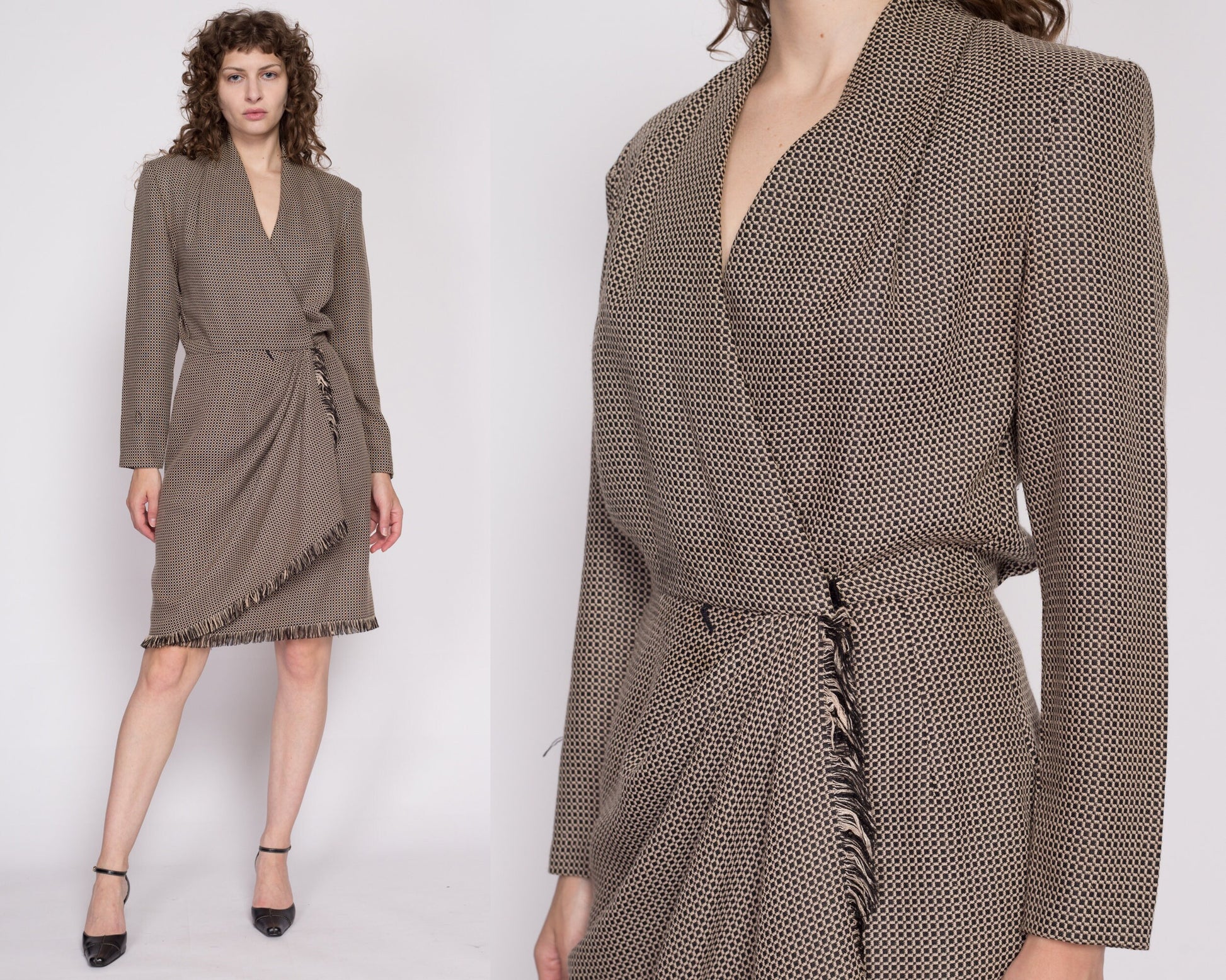 M| 90s Knit Fringe Wrap Dress - Medium | Vintage Long Sleeve Brown Black Knee Length Secretary Dress