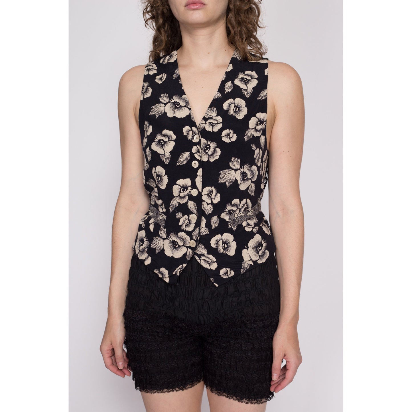 M| 90s The Limited Black Floral Crop Top Vest - Medium | Vintage Sheer Lace Back Button Up Cropped Sleeveless Suit Shirt