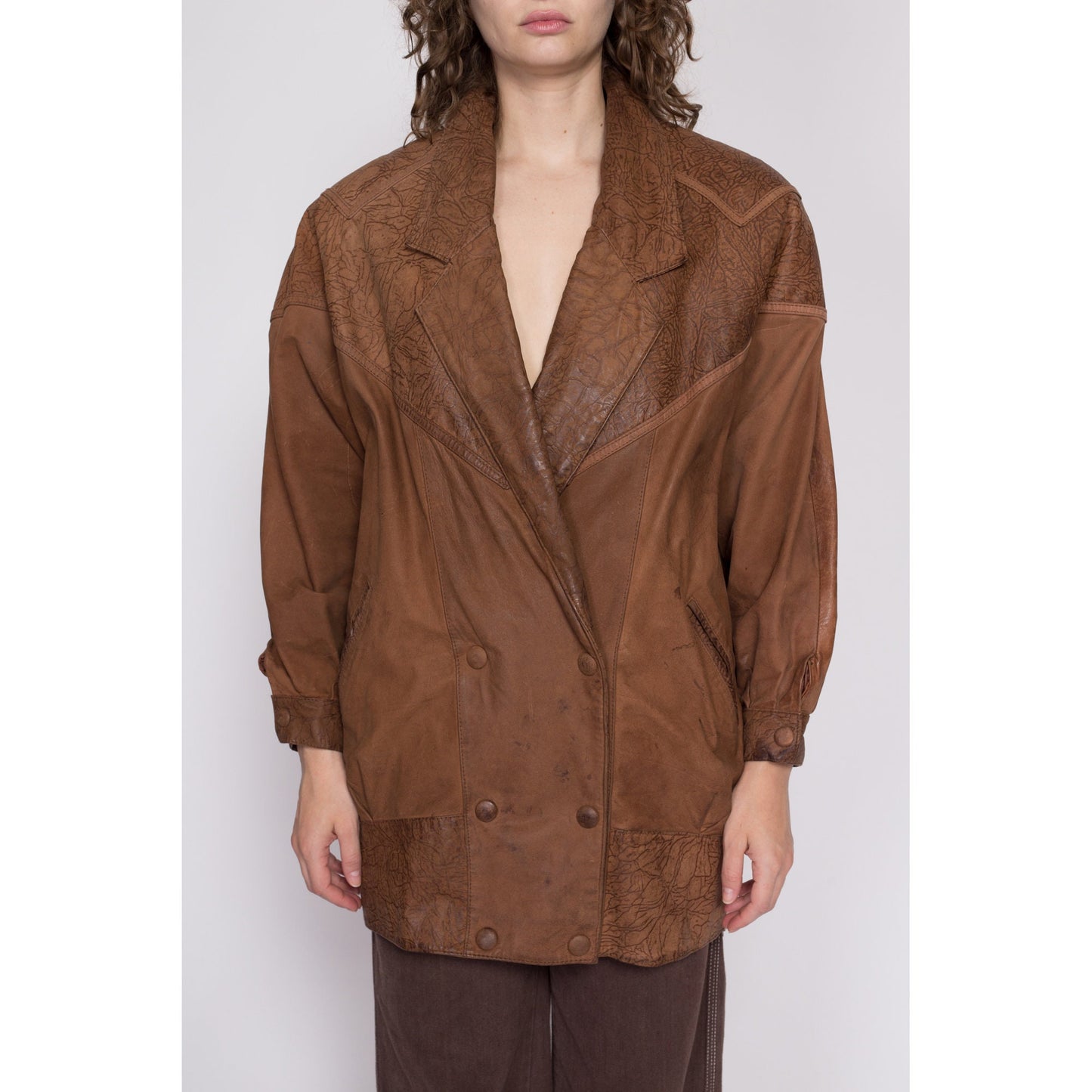 M| 80s G-III Brown Leather Embossed Jacket - Medium | Vintage Oversize Long Double Breasted Snap Up New Wave Coat