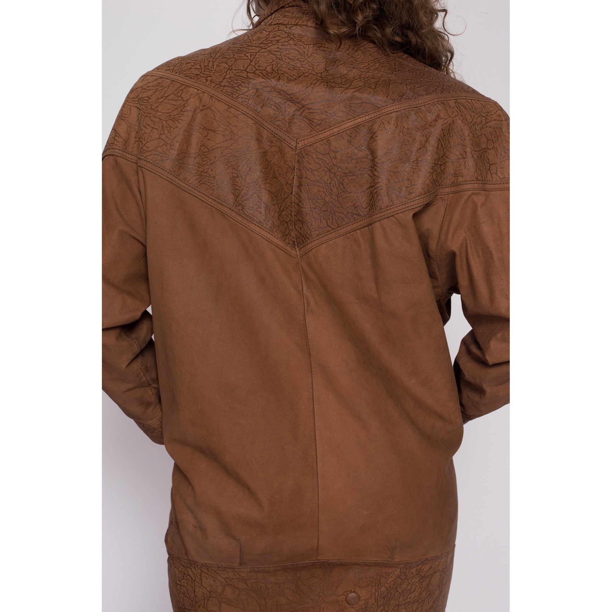 M| 80s G-III Brown Leather Embossed Jacket - Medium | Vintage Oversize Long Double Breasted Snap Up New Wave Coat