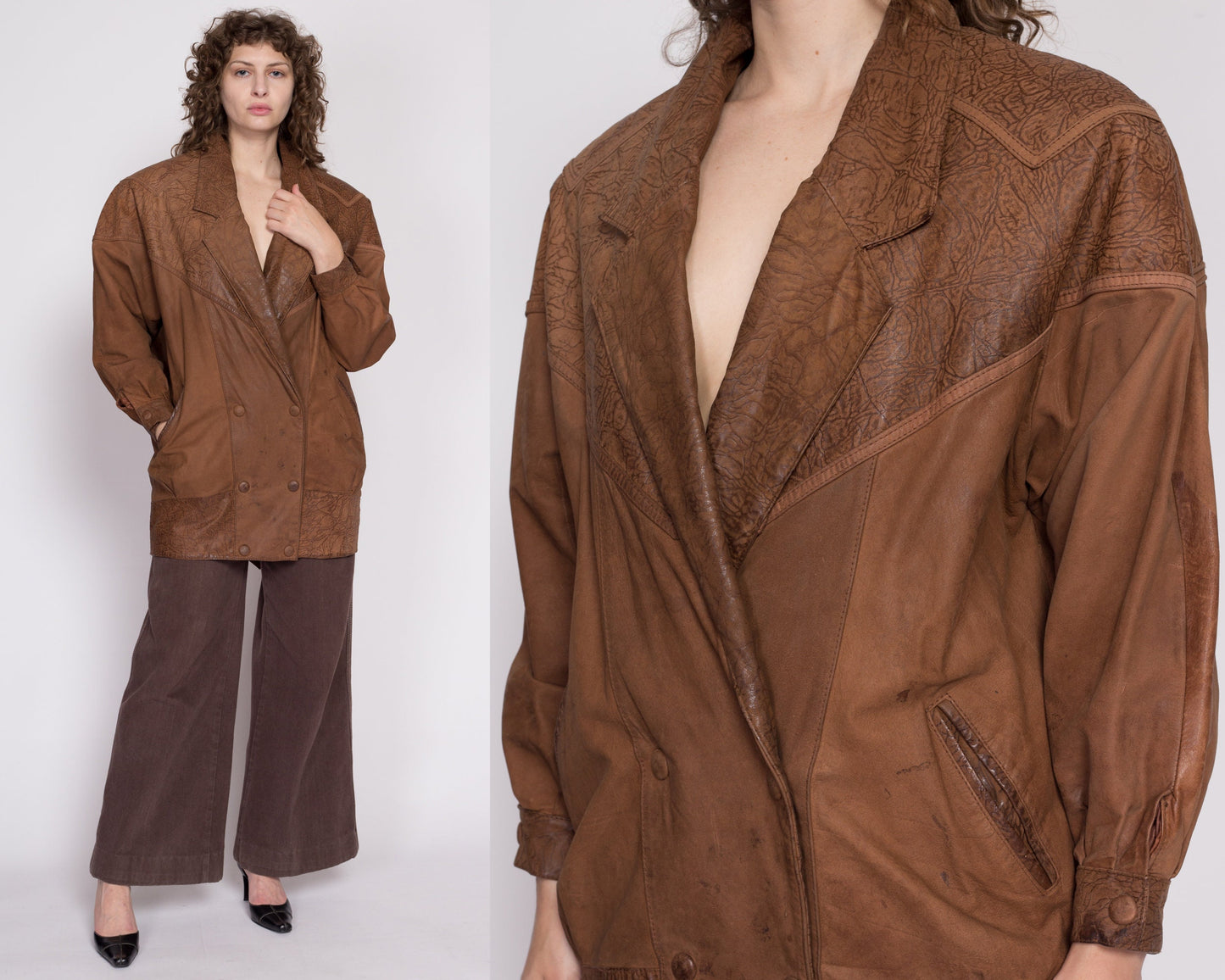 M| 80s G-III Brown Leather Embossed Jacket - Medium | Vintage Oversize Long Double Breasted Snap Up New Wave Coat