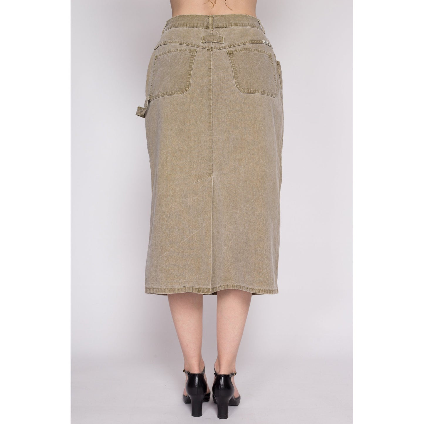 M| 90s Olive Khaki Midi Carpenter Skirt - Medium, 28" | Vintage High Waisted A Line Cotton Cargo Skirt