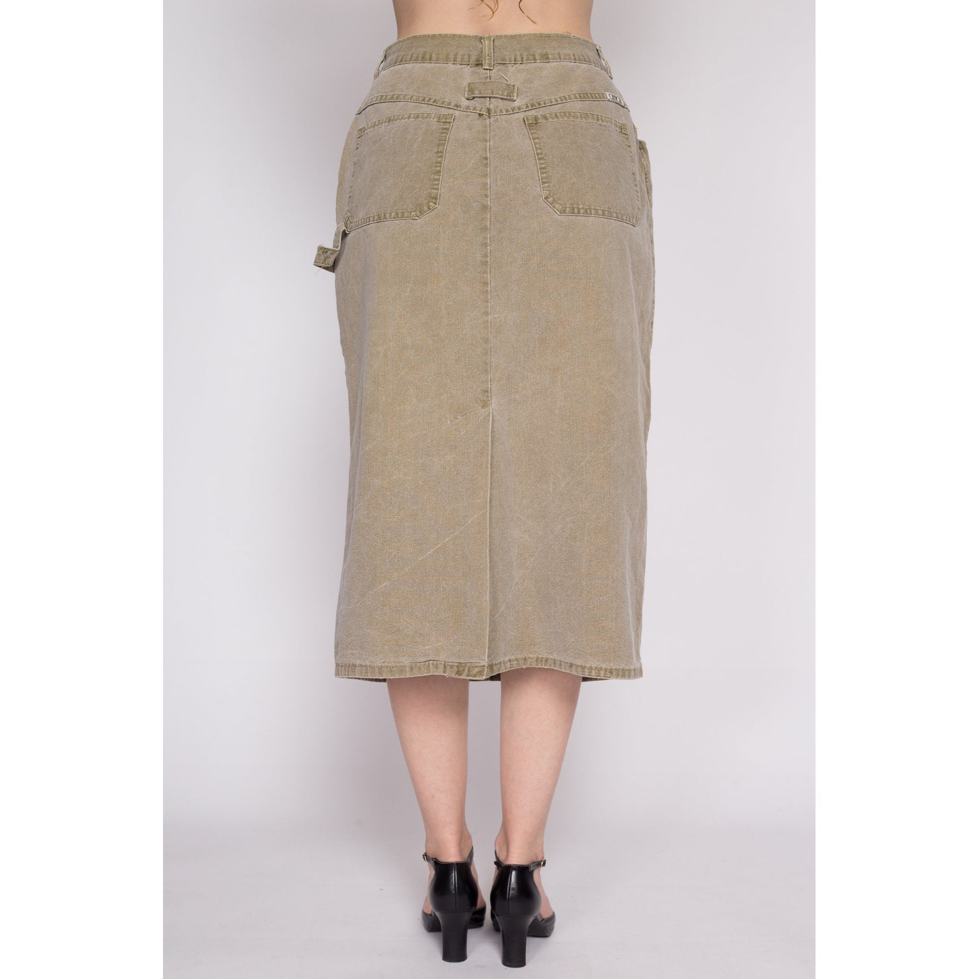 M| 90s Olive Khaki Midi Carpenter Skirt - Medium, 28" | Vintage High Waisted A Line Cotton Cargo Skirt
