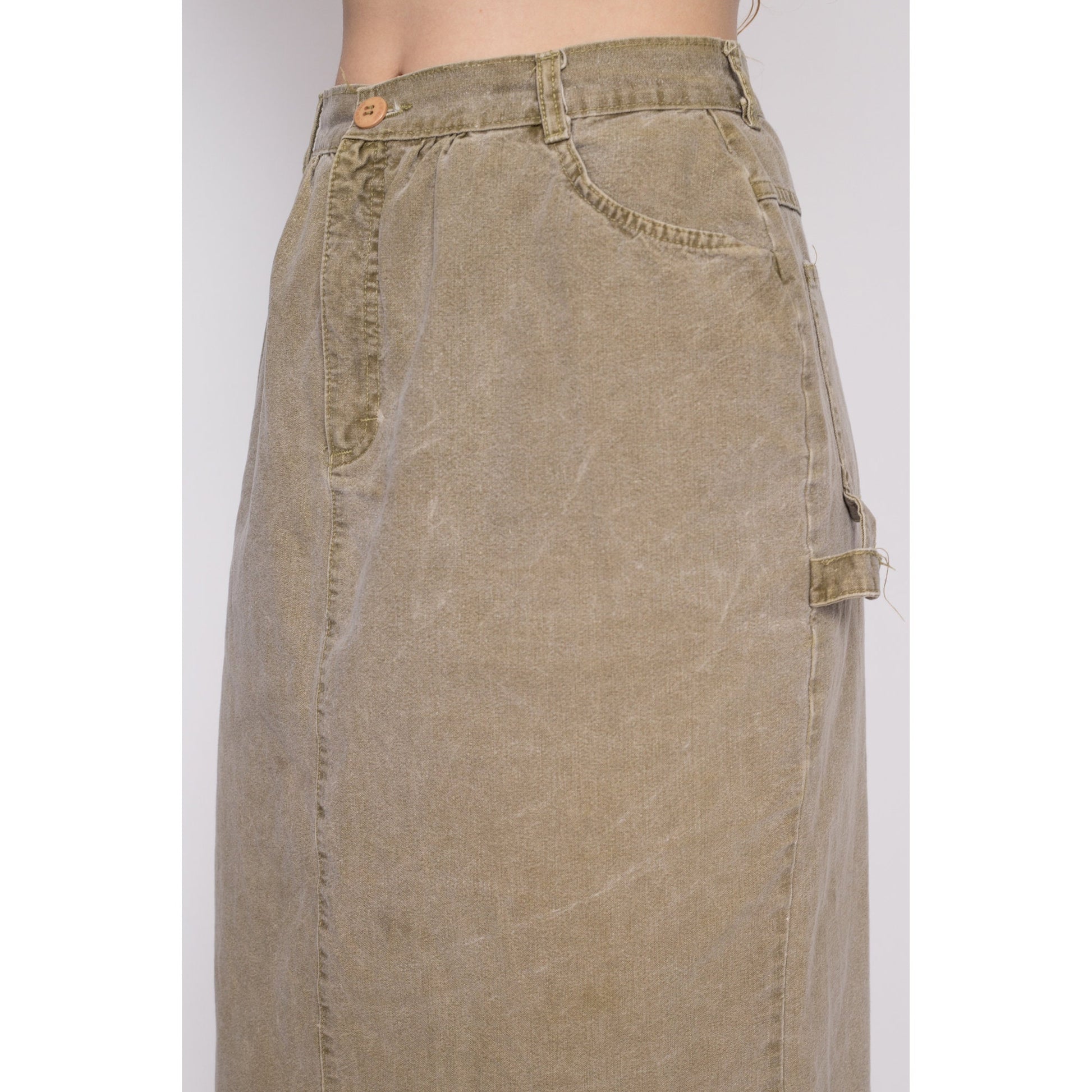 M| 90s Olive Khaki Midi Carpenter Skirt - Medium, 28" | Vintage High Waisted A Line Cotton Cargo Skirt