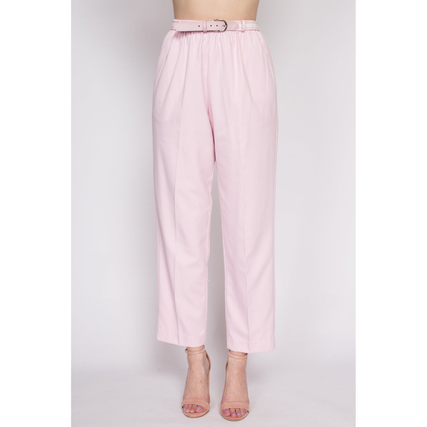 M| 80s Pink High Waist Belted Pants - Medium | Vintage Tapered Leg Elastic Casual Trousers