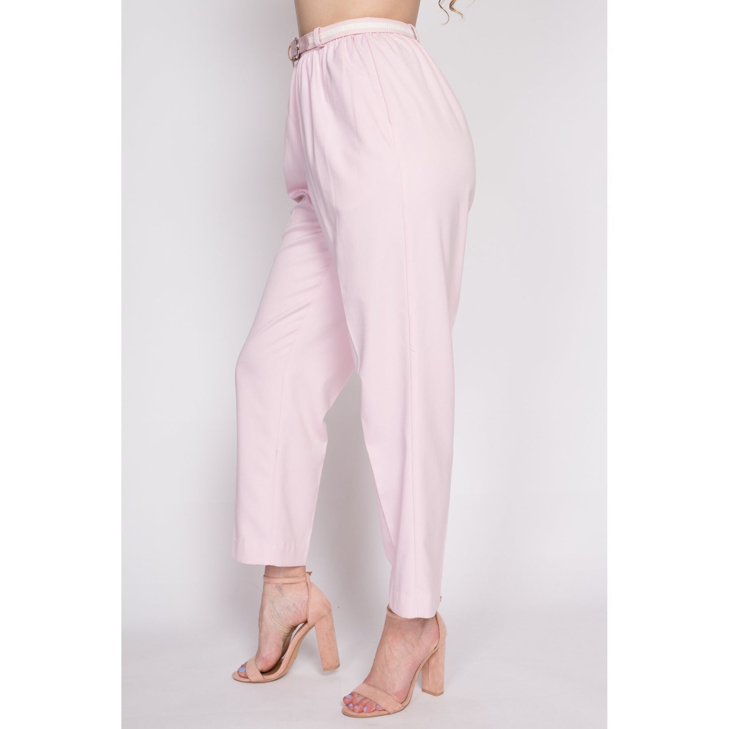 M| 80s Pink High Waist Belted Pants - Medium | Vintage Tapered Leg Elastic Casual Trousers