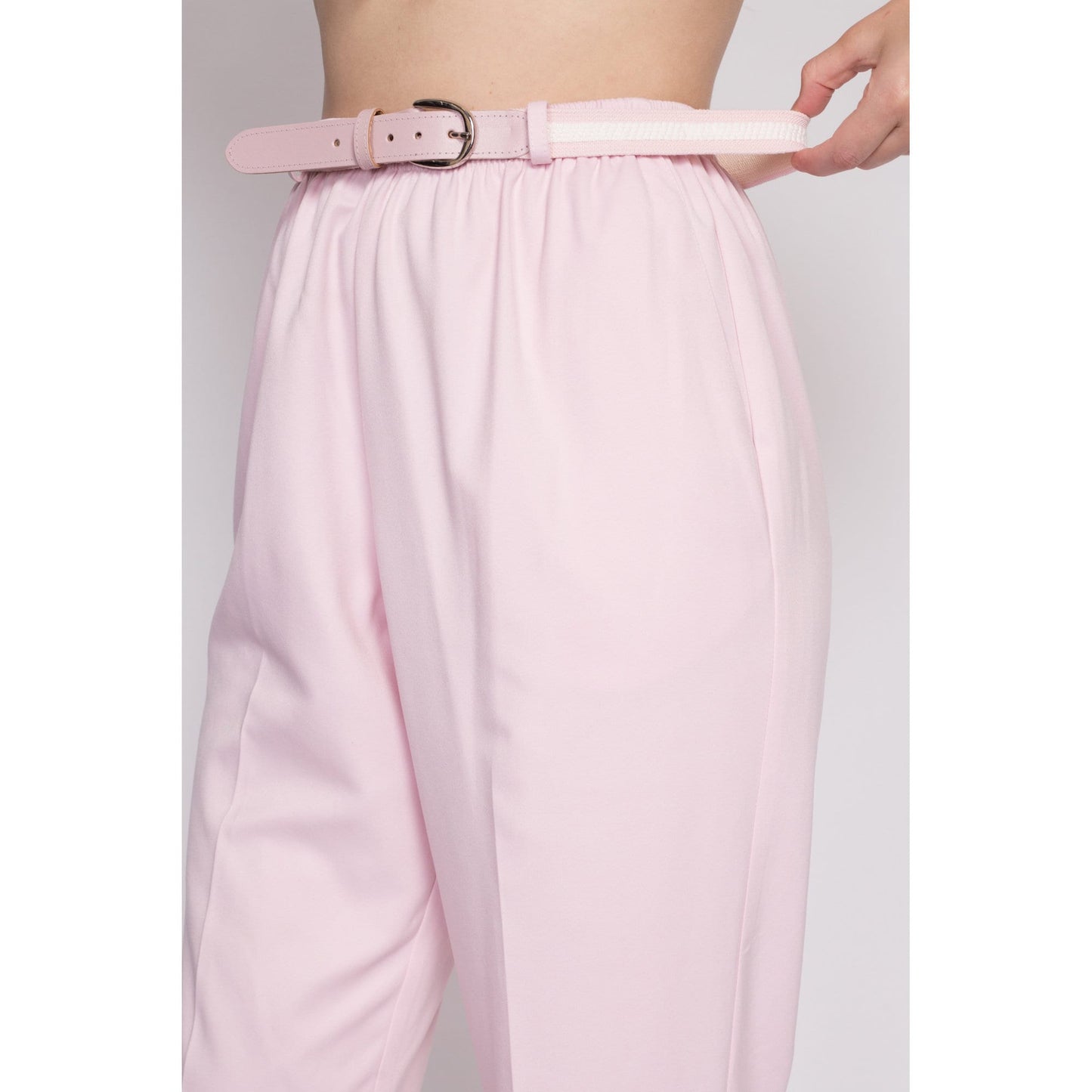 M| 80s Pink High Waist Belted Pants - Medium | Vintage Tapered Leg Elastic Casual Trousers