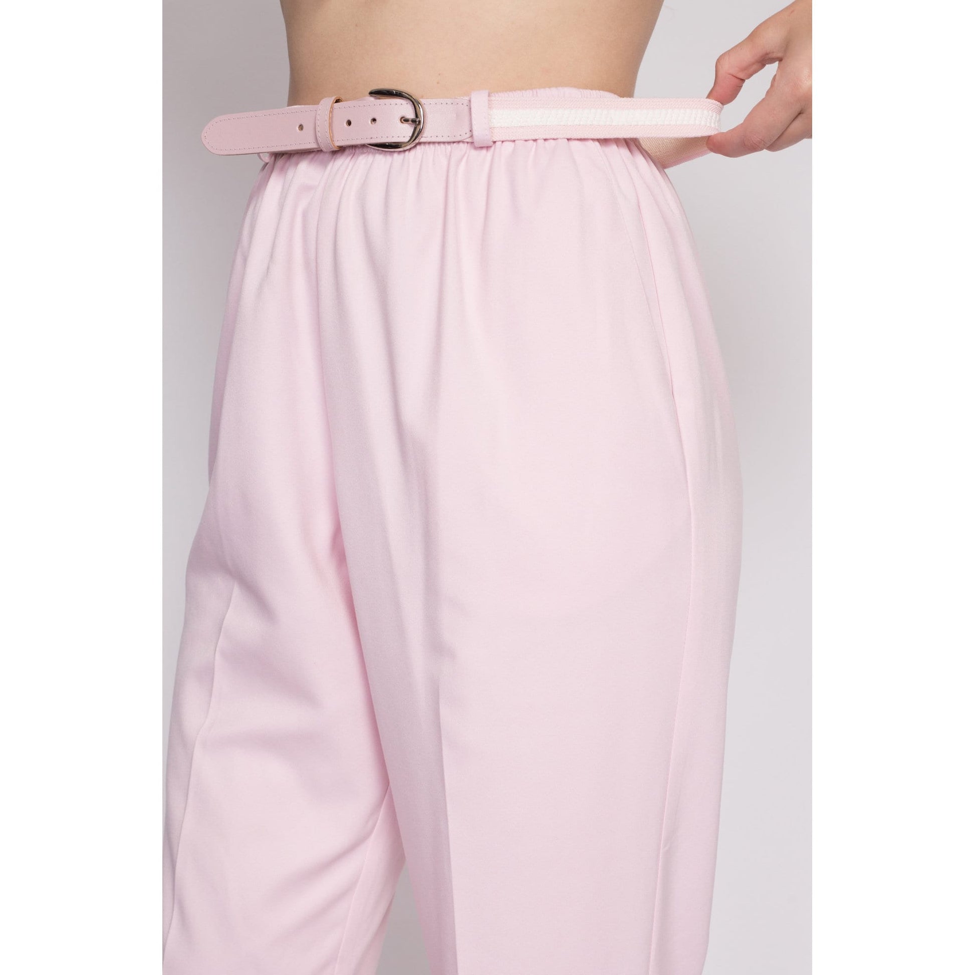 M| 80s Pink High Waist Belted Pants - Medium | Vintage Tapered Leg Elastic Casual Trousers
