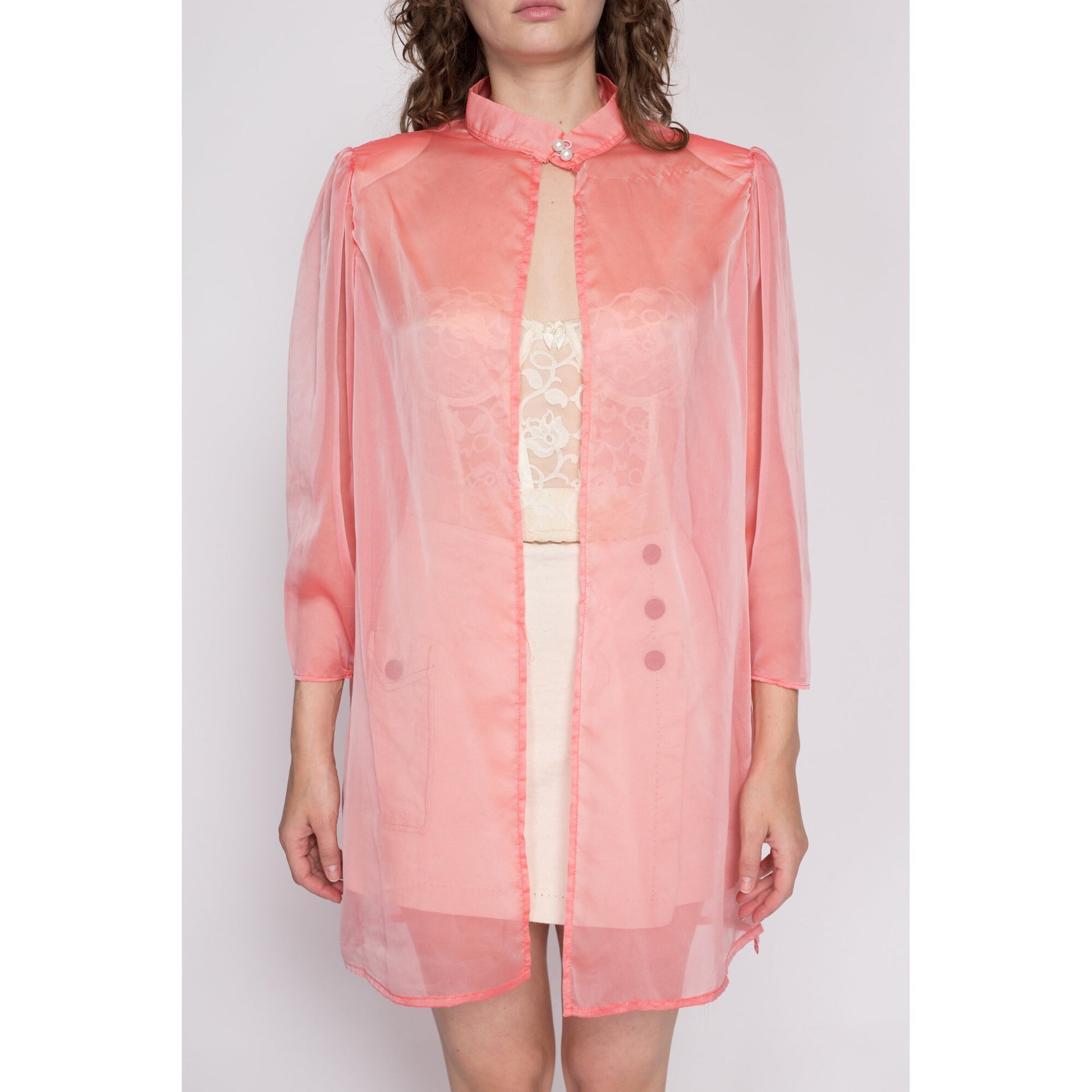XL| 80s Sheer Pink Chiffon Jacket - Extra Large | Vintage Open Fit Long Shirt