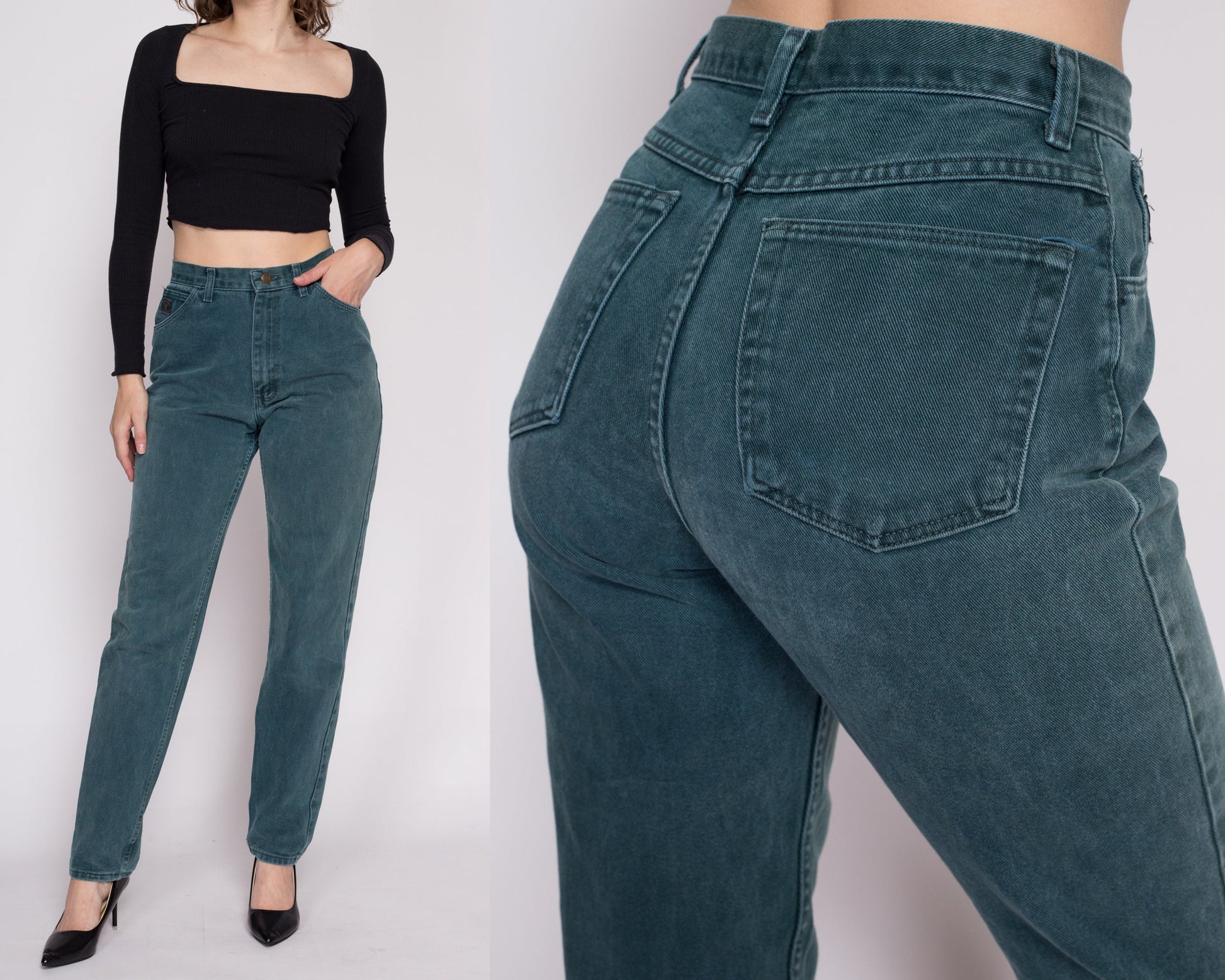 M| 90s Wrangler High Waisted Emerald Green Jeans - Medium, 27.5" | Vintage Denim Tapered Leg Mom Jeans