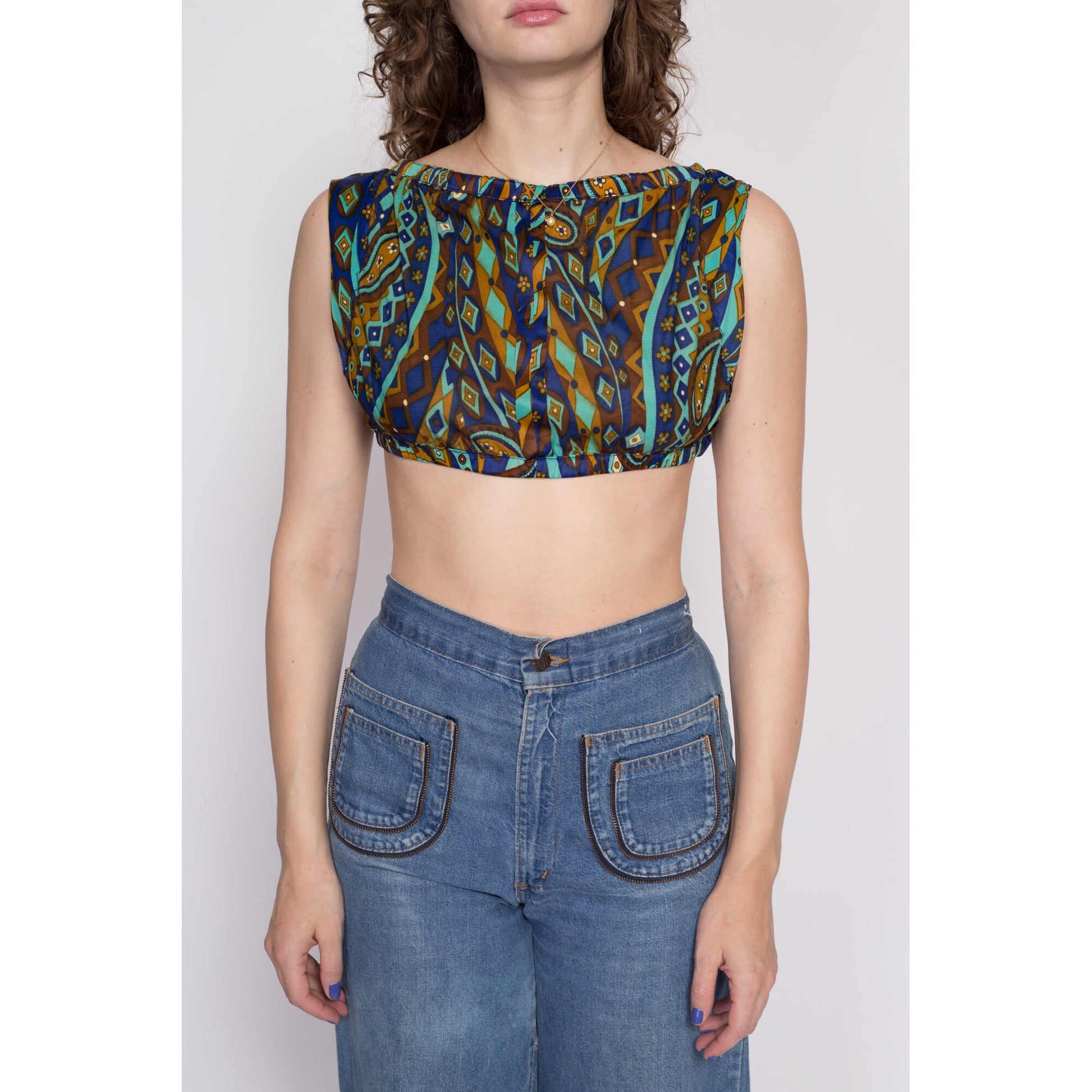 M| Vintage Psychedelic Cropped Tank - Petite Medium | Boho Sleeveless Empire Waist Mini Crop Top