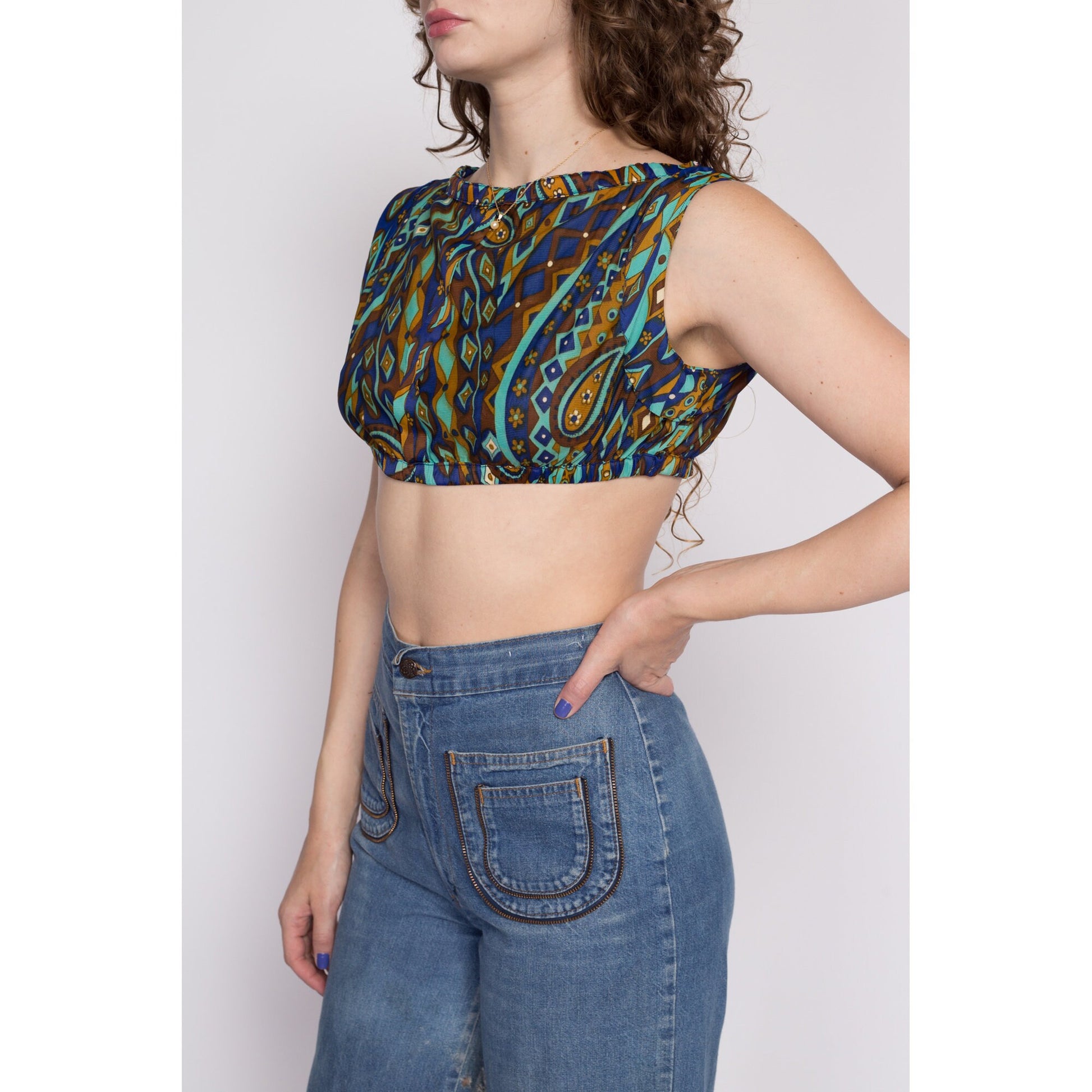 M| Vintage Psychedelic Cropped Tank - Petite Medium | Boho Sleeveless Empire Waist Mini Crop Top