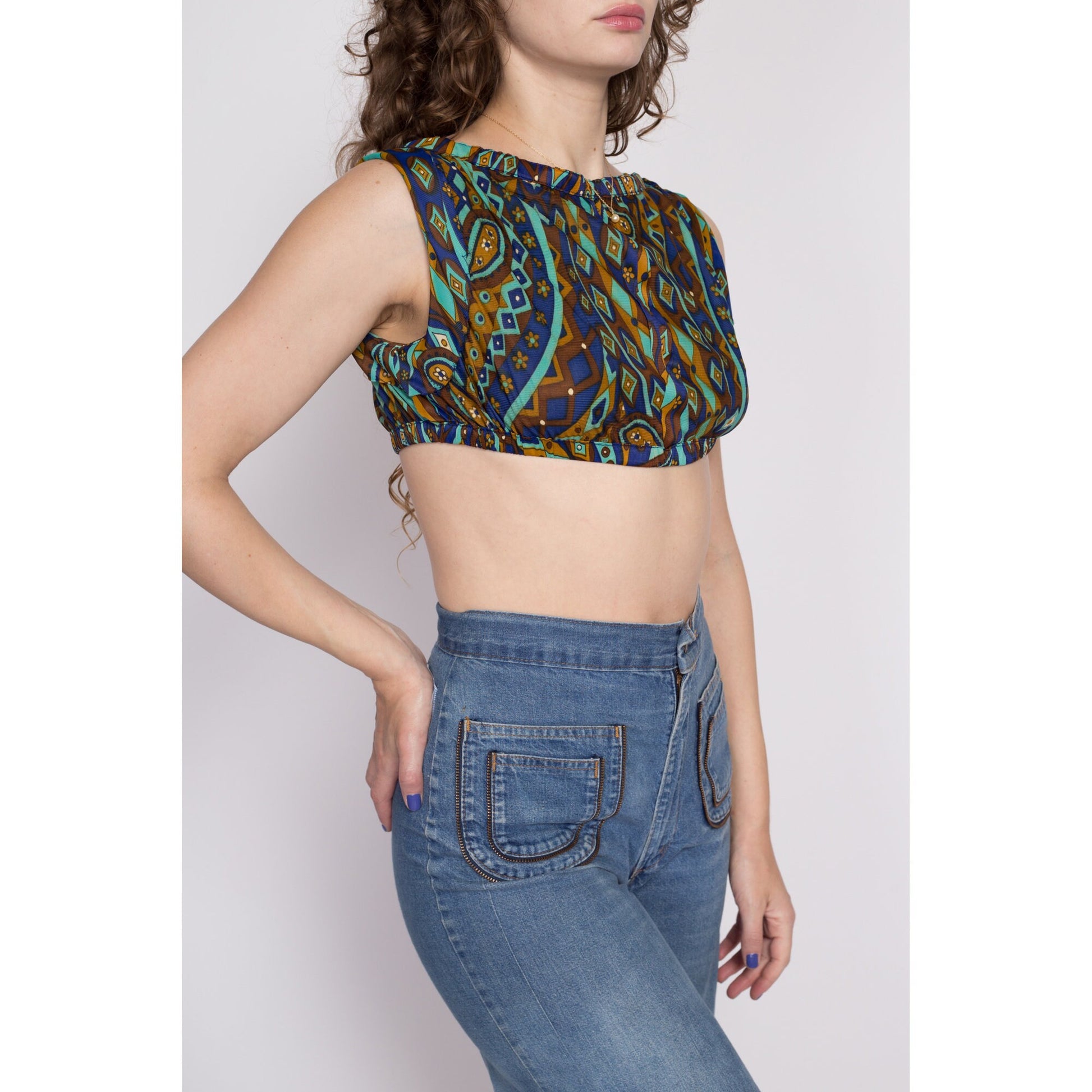 M| Vintage Psychedelic Cropped Tank - Petite Medium | Boho Sleeveless Empire Waist Mini Crop Top