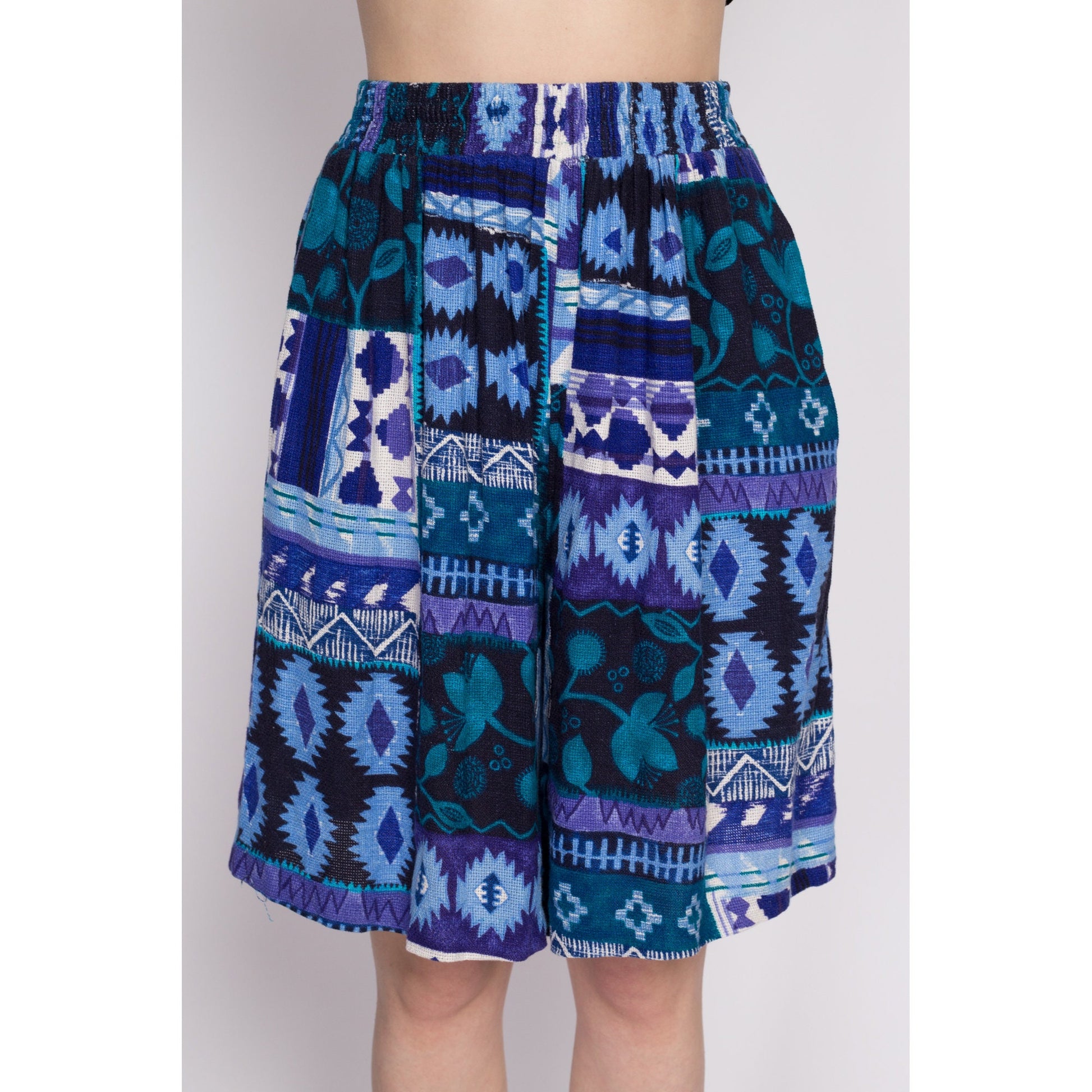 L| 90s Southwestern Woven Patchwork Lounge Shorts - Large | Vintage Boho High Waisted Elastic Wide Leg Flowy Shorts