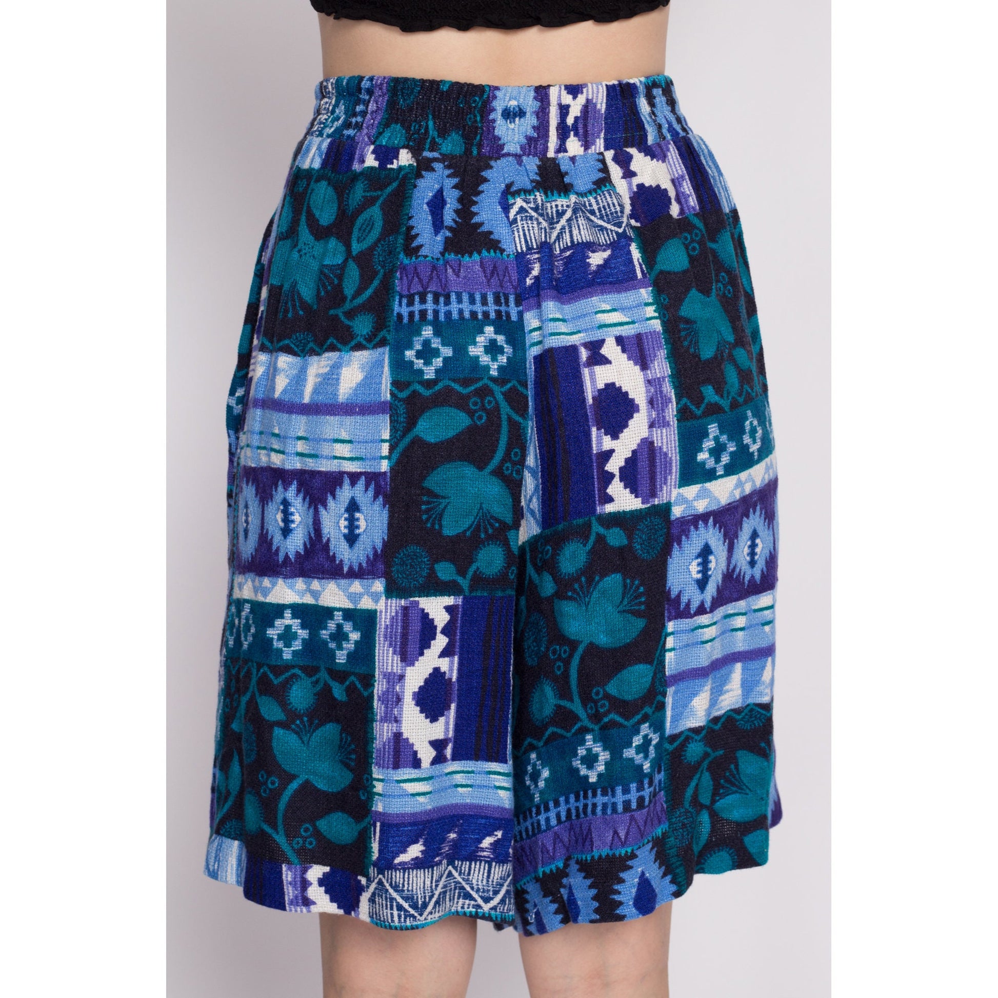 L| 90s Southwestern Woven Patchwork Lounge Shorts - Large | Vintage Boho High Waisted Elastic Wide Leg Flowy Shorts