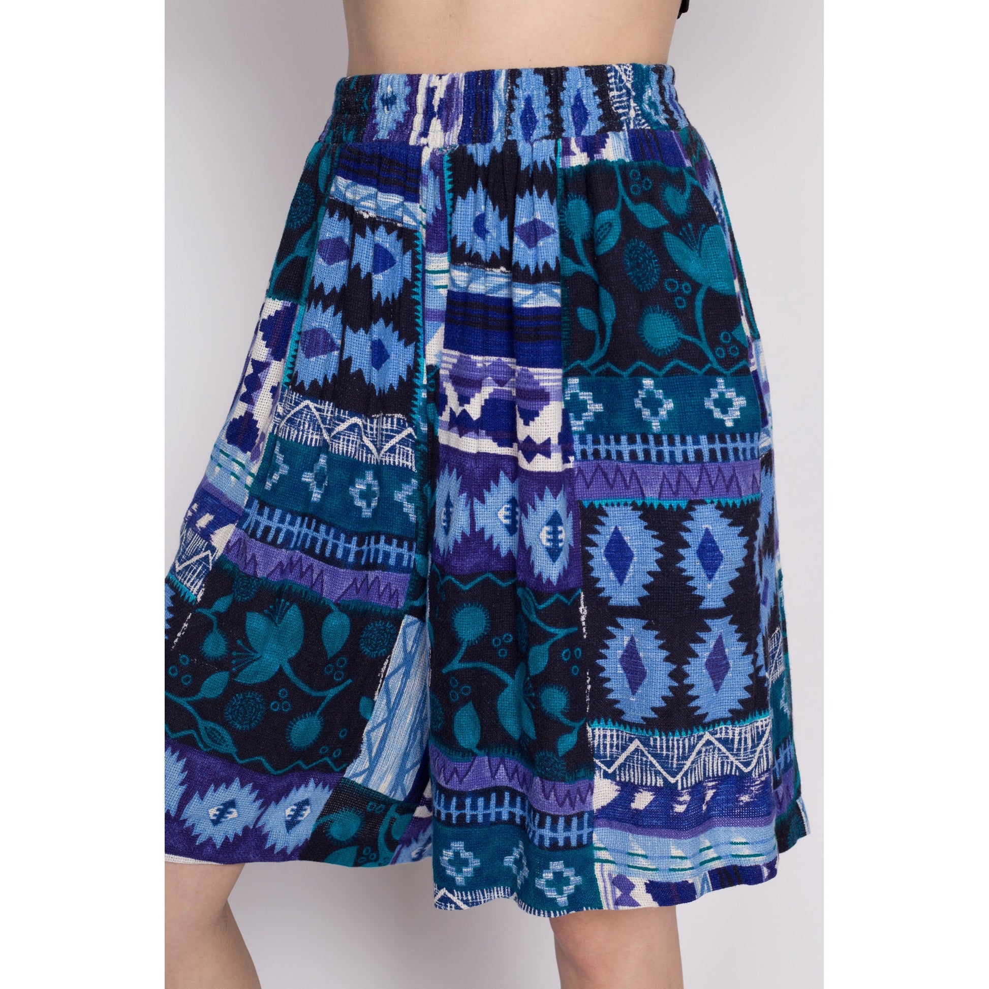 L| 90s Southwestern Woven Patchwork Lounge Shorts - Large | Vintage Boho High Waisted Elastic Wide Leg Flowy Shorts
