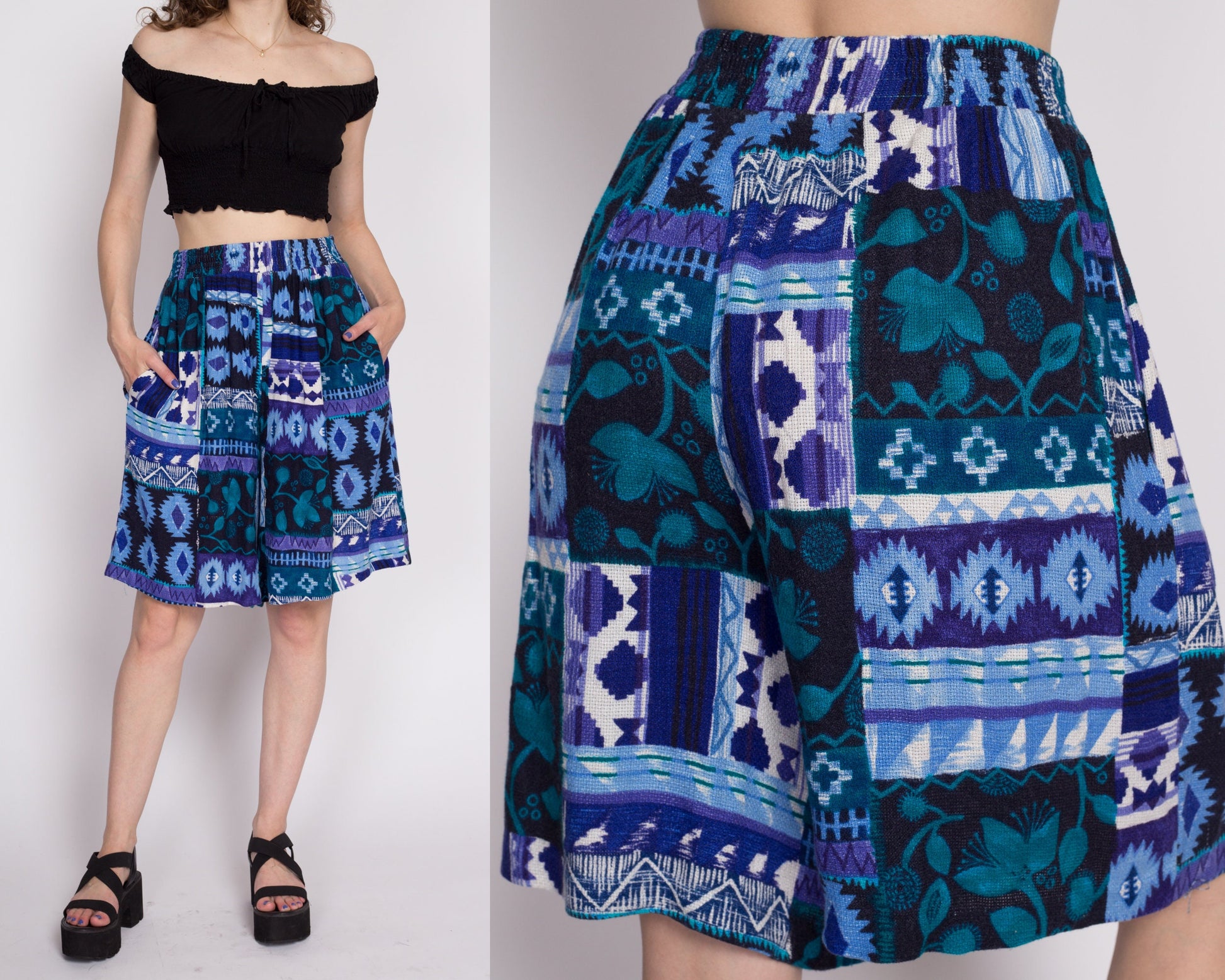L| 90s Southwestern Woven Patchwork Lounge Shorts - Large | Vintage Boho High Waisted Elastic Wide Leg Flowy Shorts