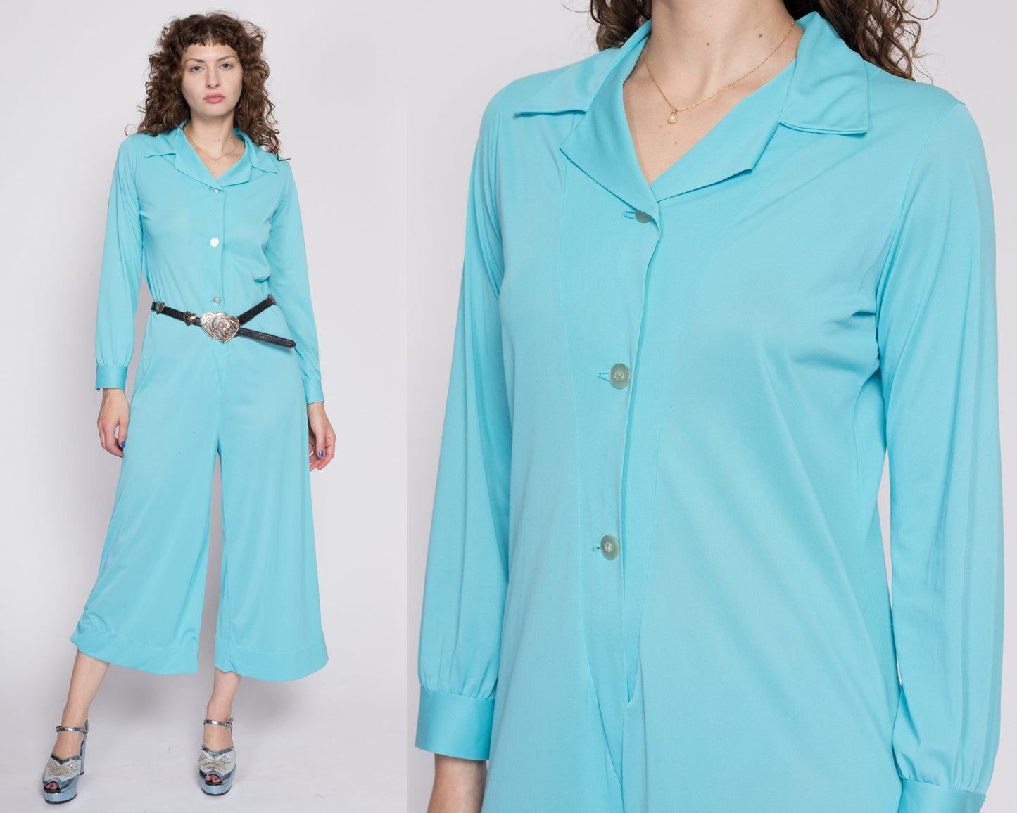 Medium 70s Retro Blue Disco Jumpsuit As Is | Vintage Button Up Long Sleeve Collared Leisure Suit