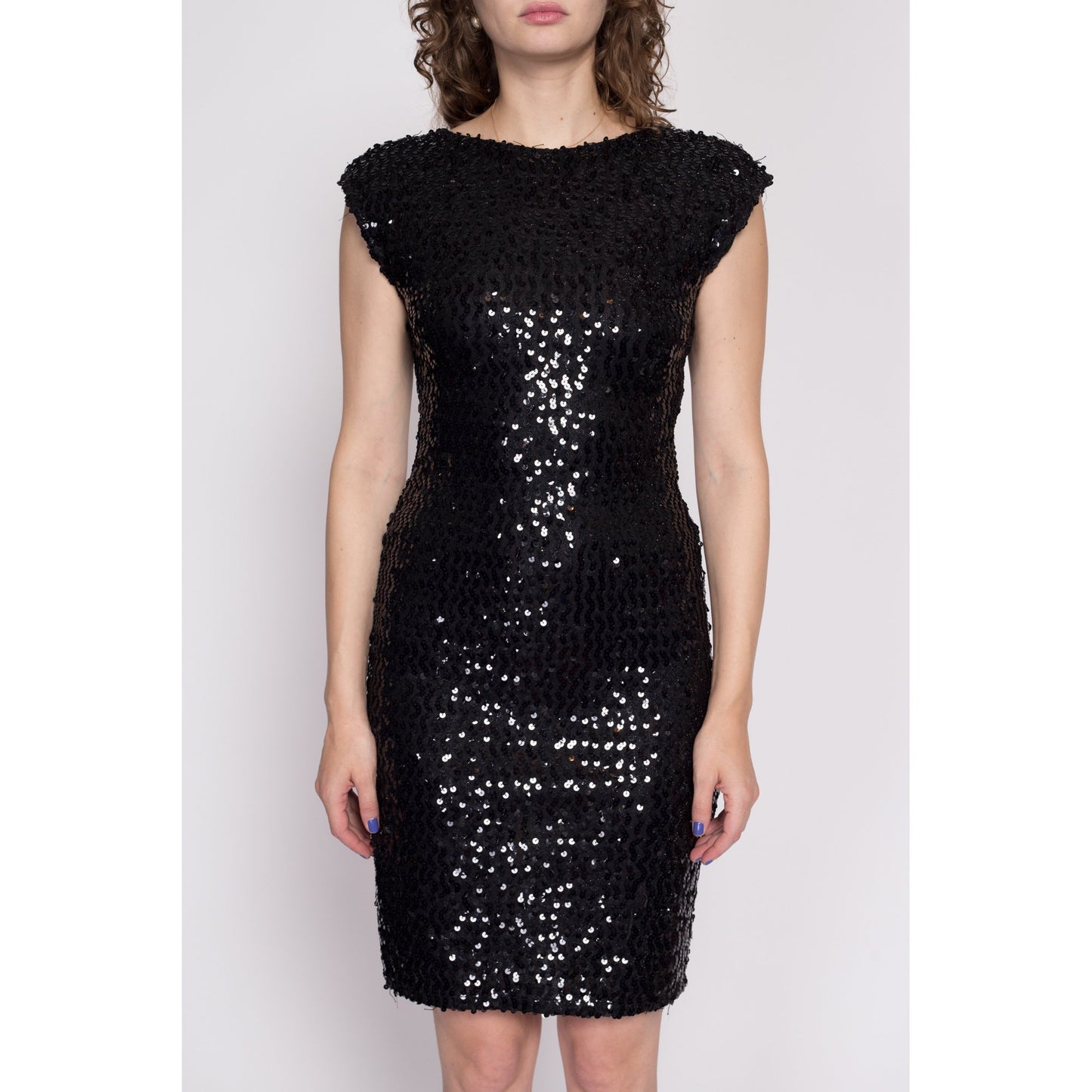 M| 80s 90s Low Back Black Sequin Dress - Medium | Vintage Bodycon Fitted Cocktail Party Mini Dress
