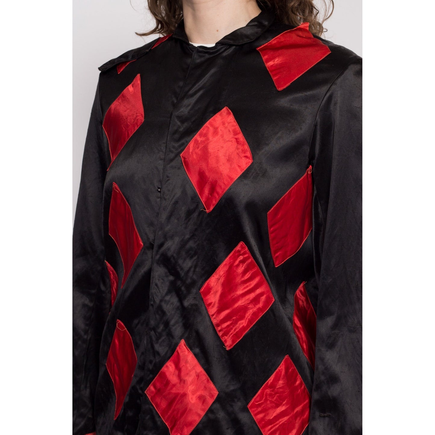 M| 30s 40s Satin Diamond Jockey Horse Racing Jacket - Men's Medium | Vintage Black Red Shiny Jockey Silks Uniform Short