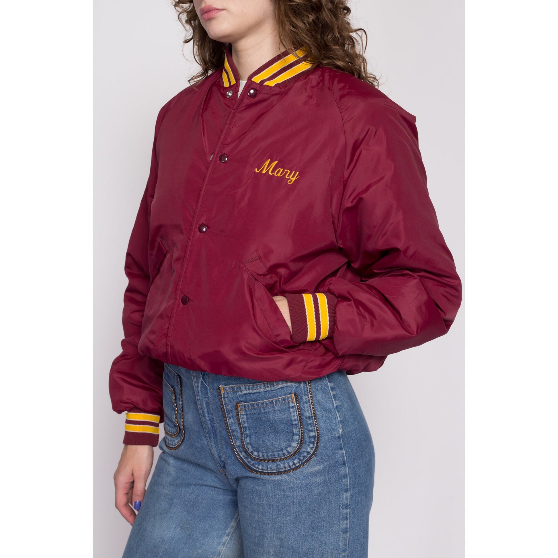 M| 80s Crawler Welding Uniform Varsity Jacket - Men's Medium | Vintage "Mary" Maroon Striped Snap Button Bomber Windbreaker