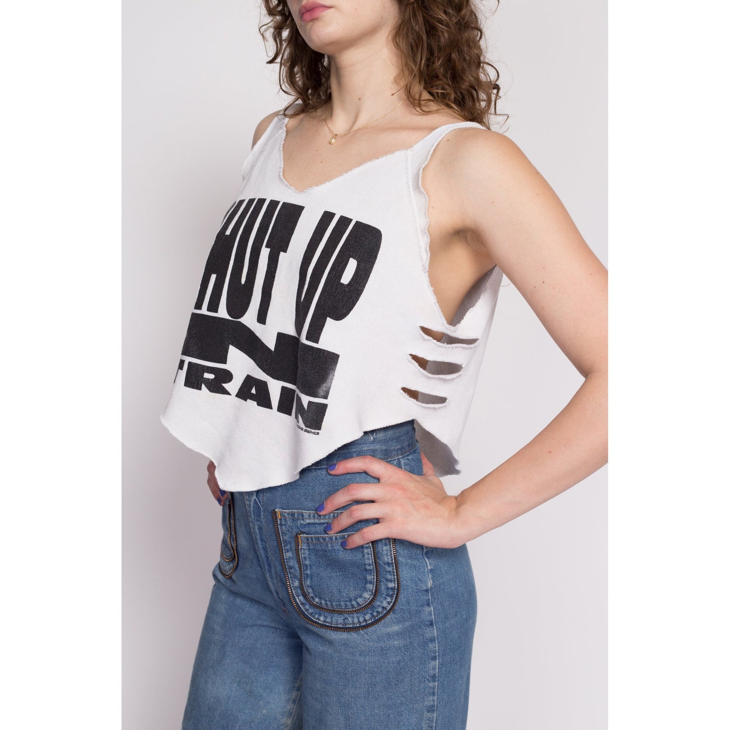 L| 80s "Shut Up N Train" Cropped Workout Tank - Large | Vintage Cut Off Reworked Sweatshirt Cut Out Crop Top