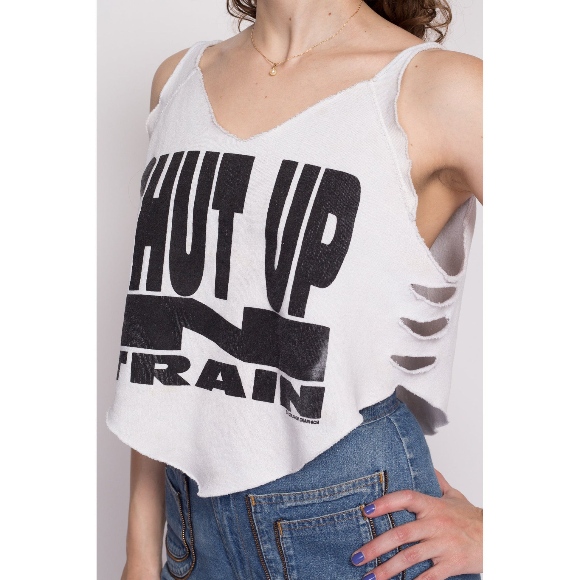 L| 80s "Shut Up N Train" Cropped Workout Tank - Large | Vintage Cut Off Reworked Sweatshirt Cut Out Crop Top