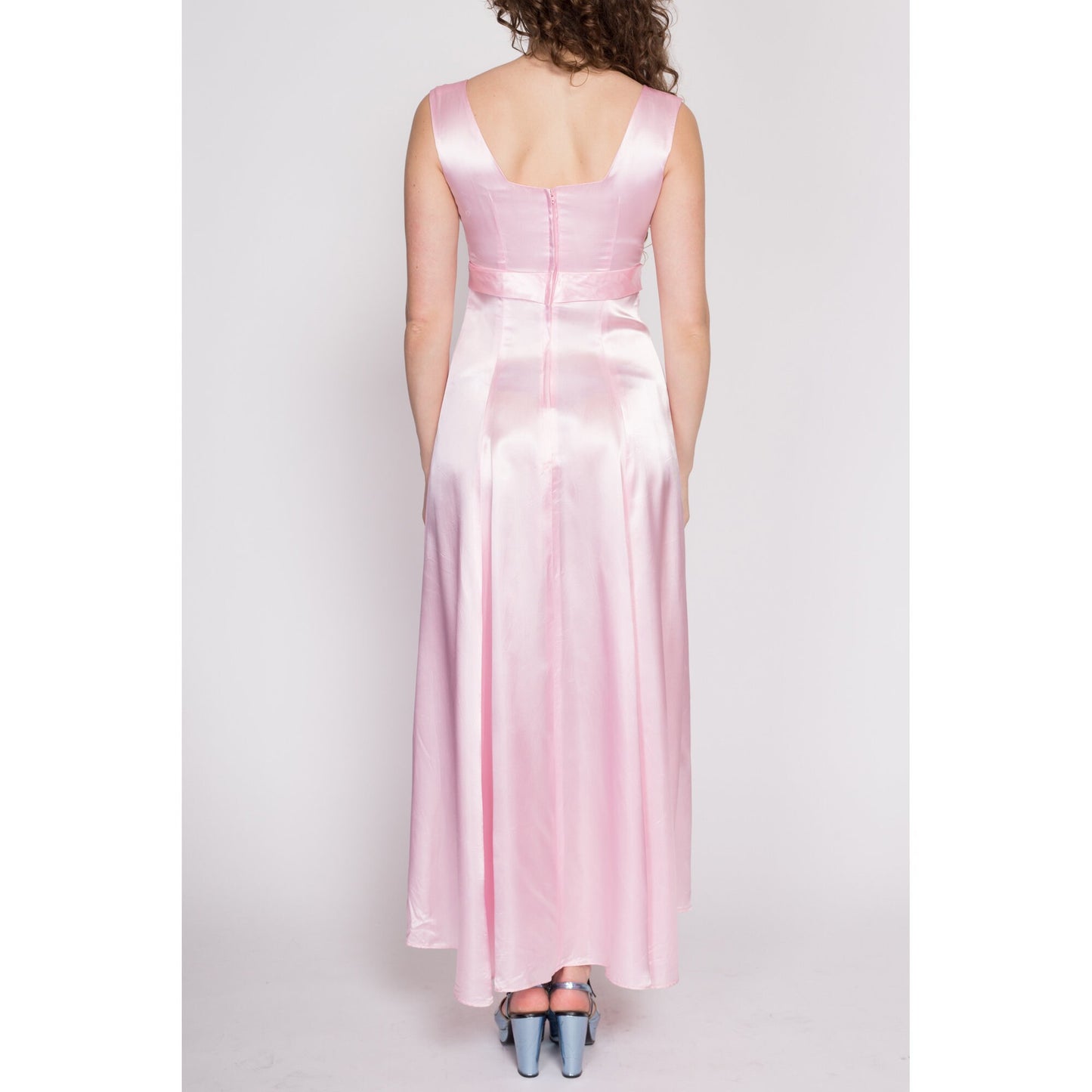 S| 70s Pink Satin Maxi Dress - Small | Vintage A Line Empire Waist Sleeveless Party Gown