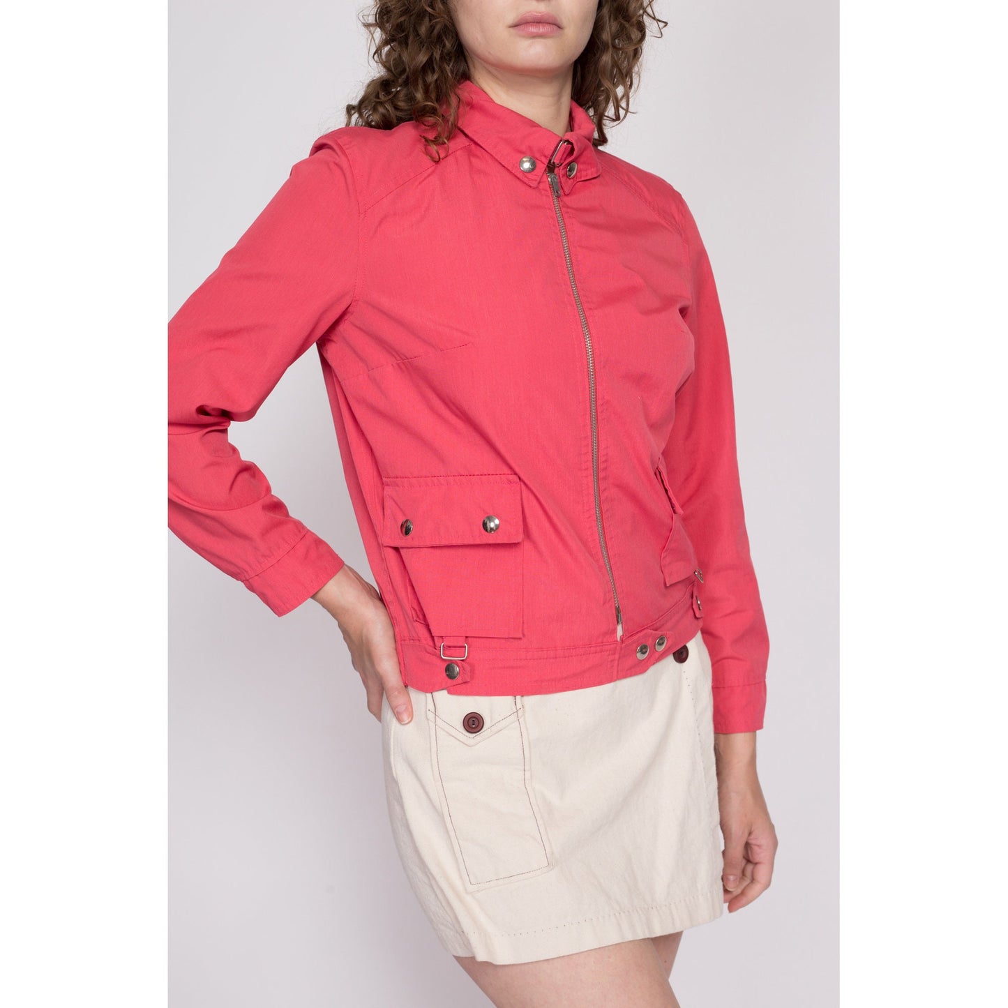 M| 70s Pink Cafe Racer Jacket - Petite Medium | Vintage Zip Up Lightweight Cropped Jacket