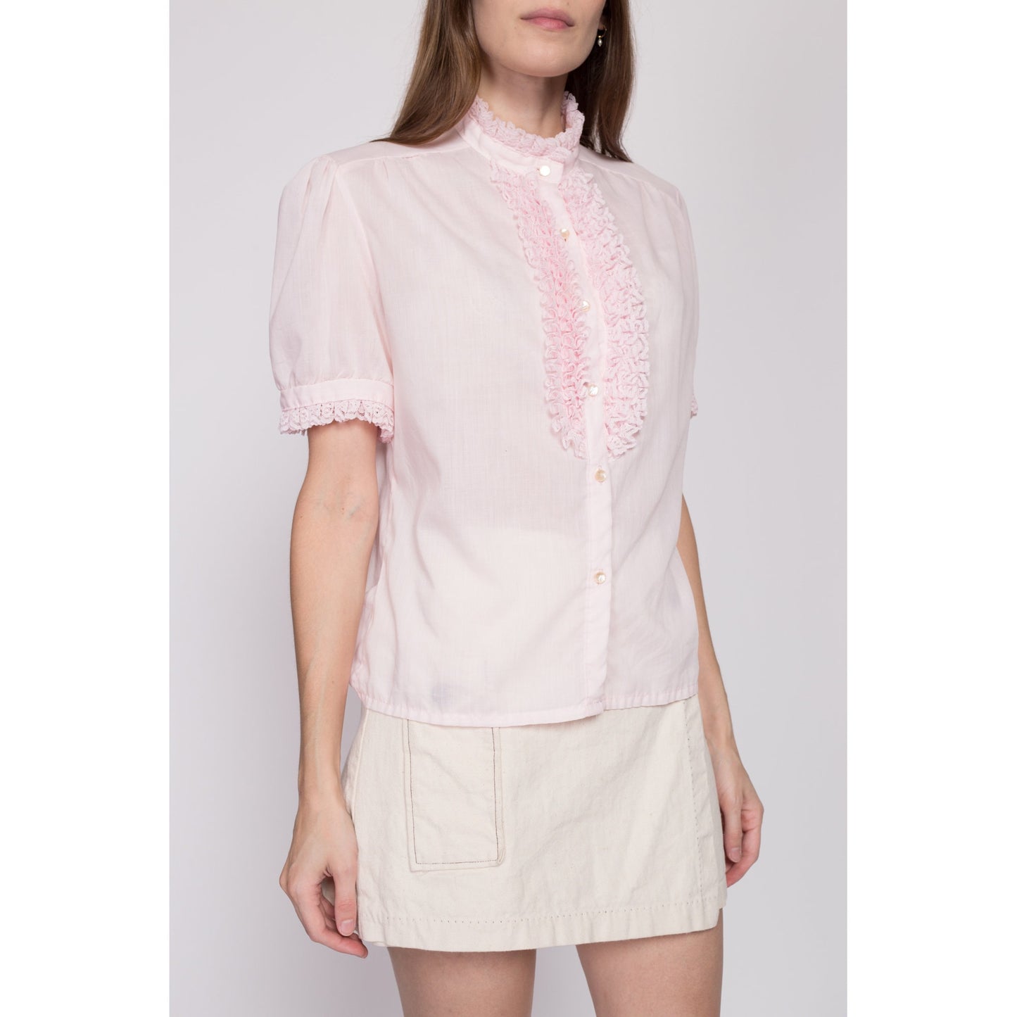 L| 70s Baby Pink Tuxedo Ruffle Blouse - Large | Vintage Boho Short Sleeve Button Up Prairie Top