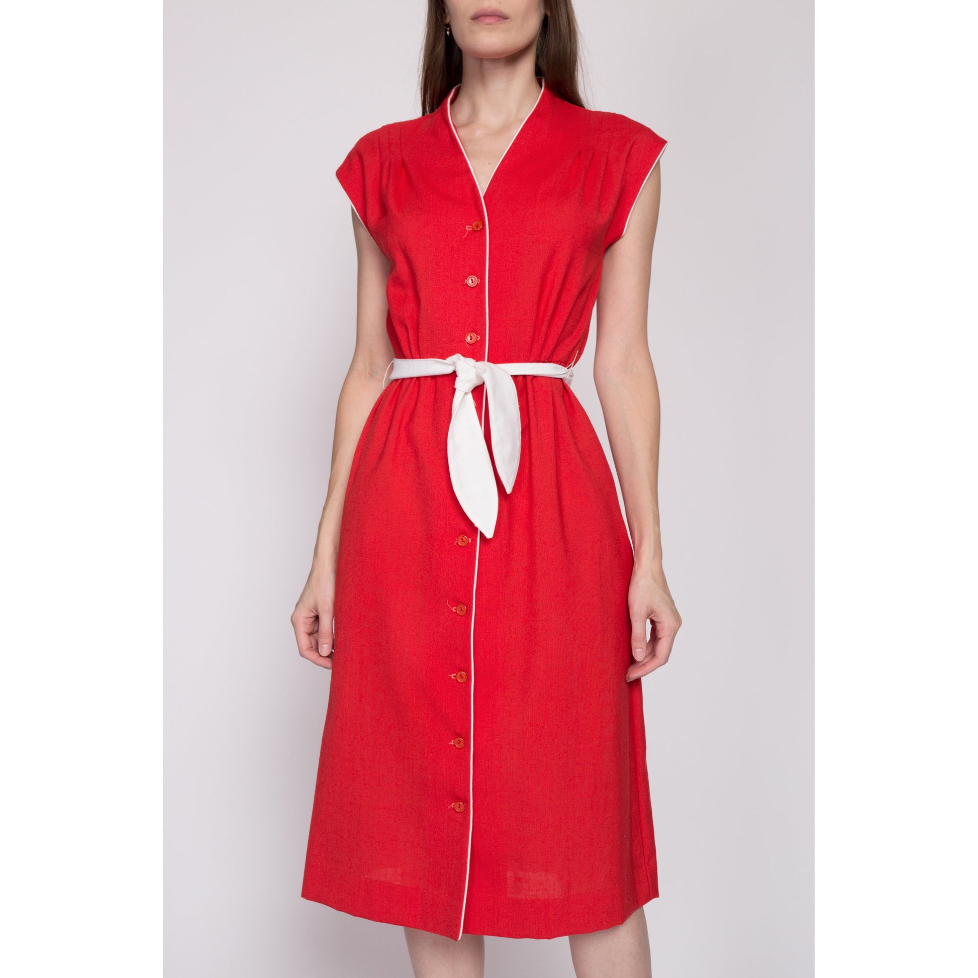 XS| 70s Red Belted Cap Sleeve Shirtdress - Extra Small | Vintage Button Up Midi A Line Day Dress