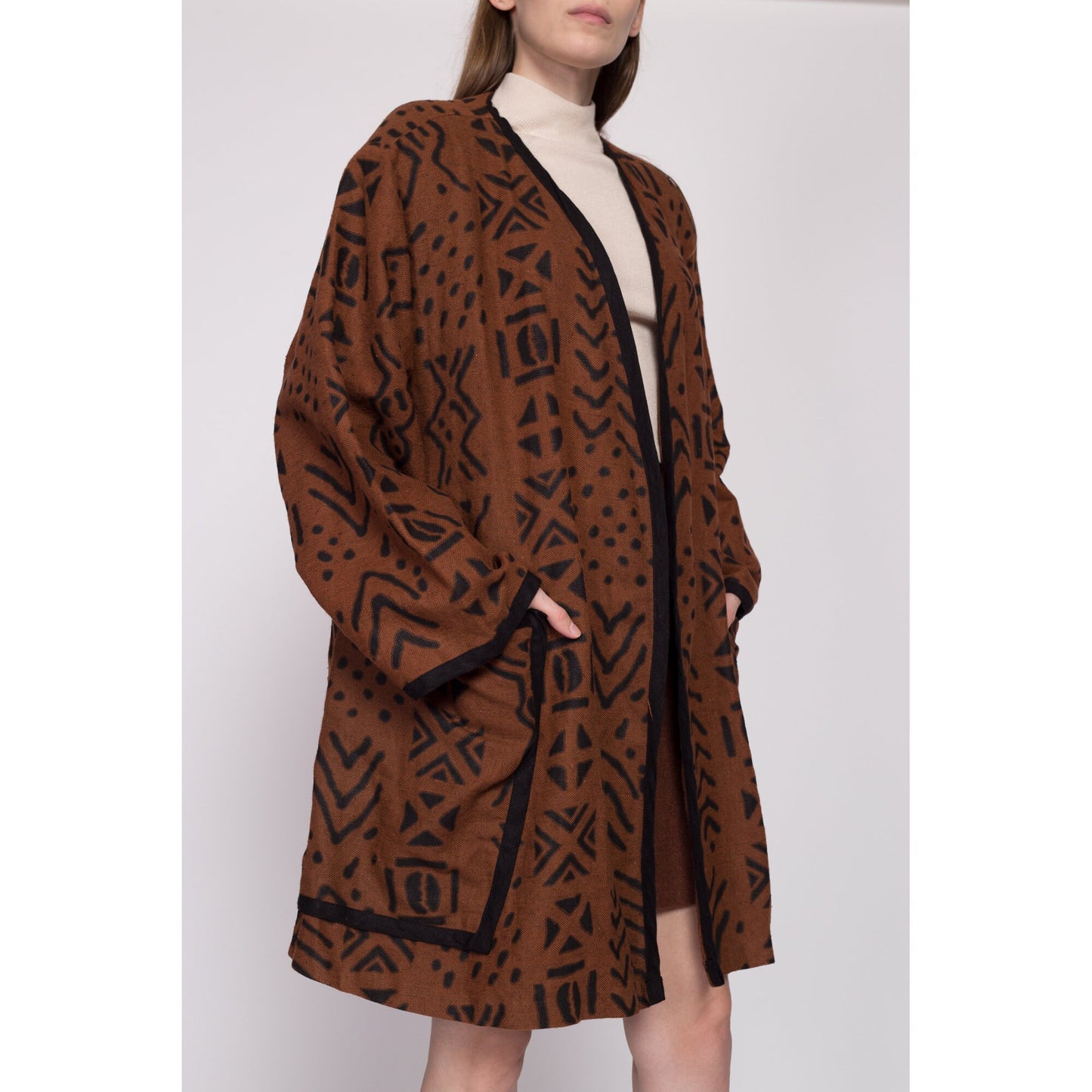 XXL| 80s Boho Brown Linen Open Fit Jacket - One Size | Vintage Fixsun Tribal Print Lightweight Coat