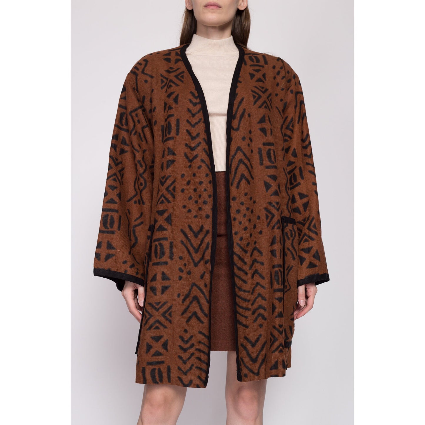XXL| 80s Boho Brown Linen Open Fit Jacket - One Size | Vintage Fixsun Tribal Print Lightweight Coat