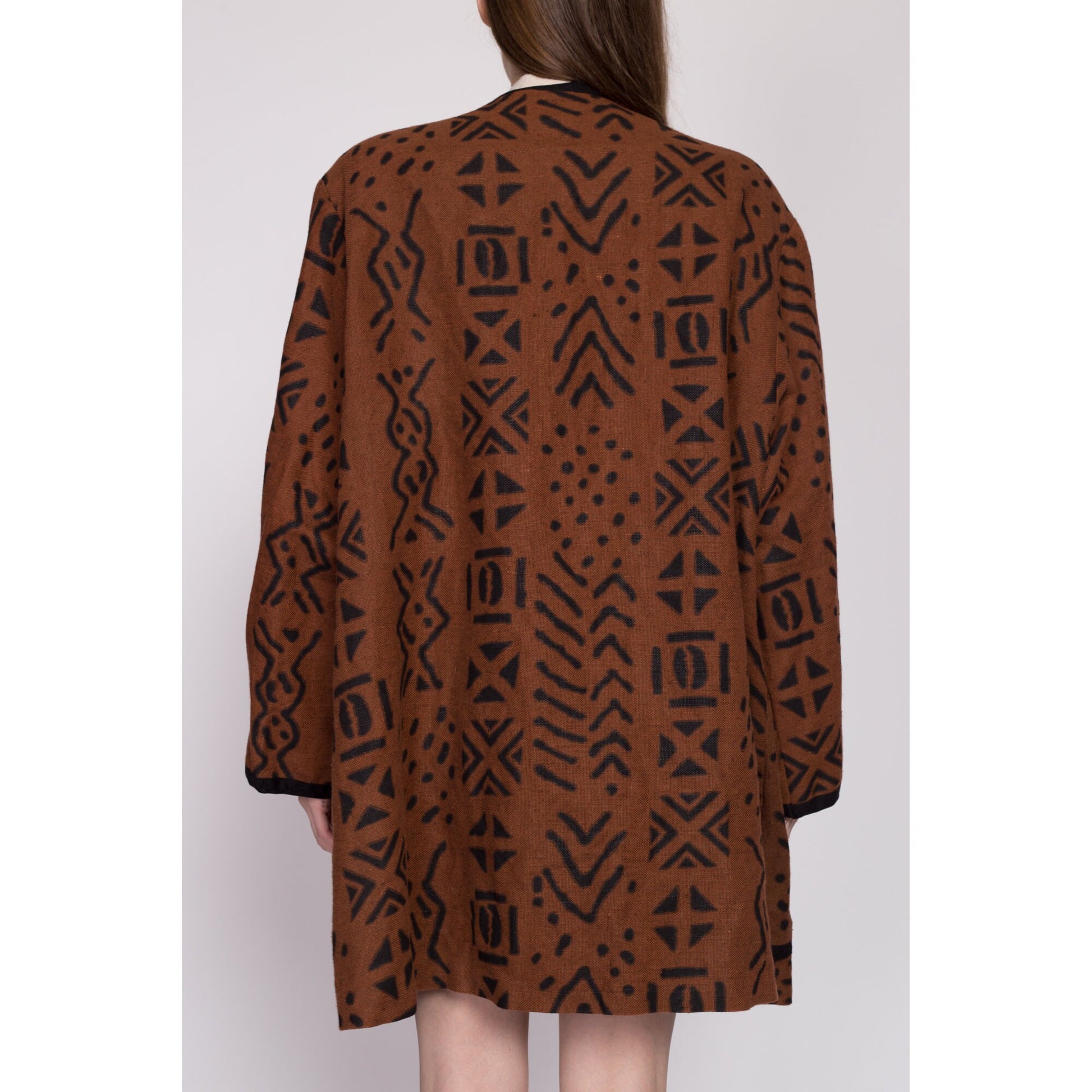 XXL| 80s Boho Brown Linen Open Fit Jacket - One Size | Vintage Fixsun Tribal Print Lightweight Coat