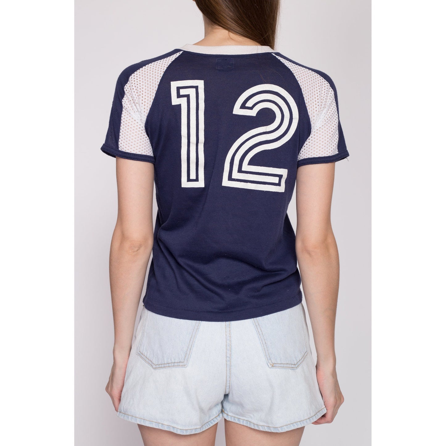 XS| 70s Navy Blue Mesh Soccer Jersey Tee - Extra Small | Vintage Ringer Trim Retro Fitted Sporty T Shirt
