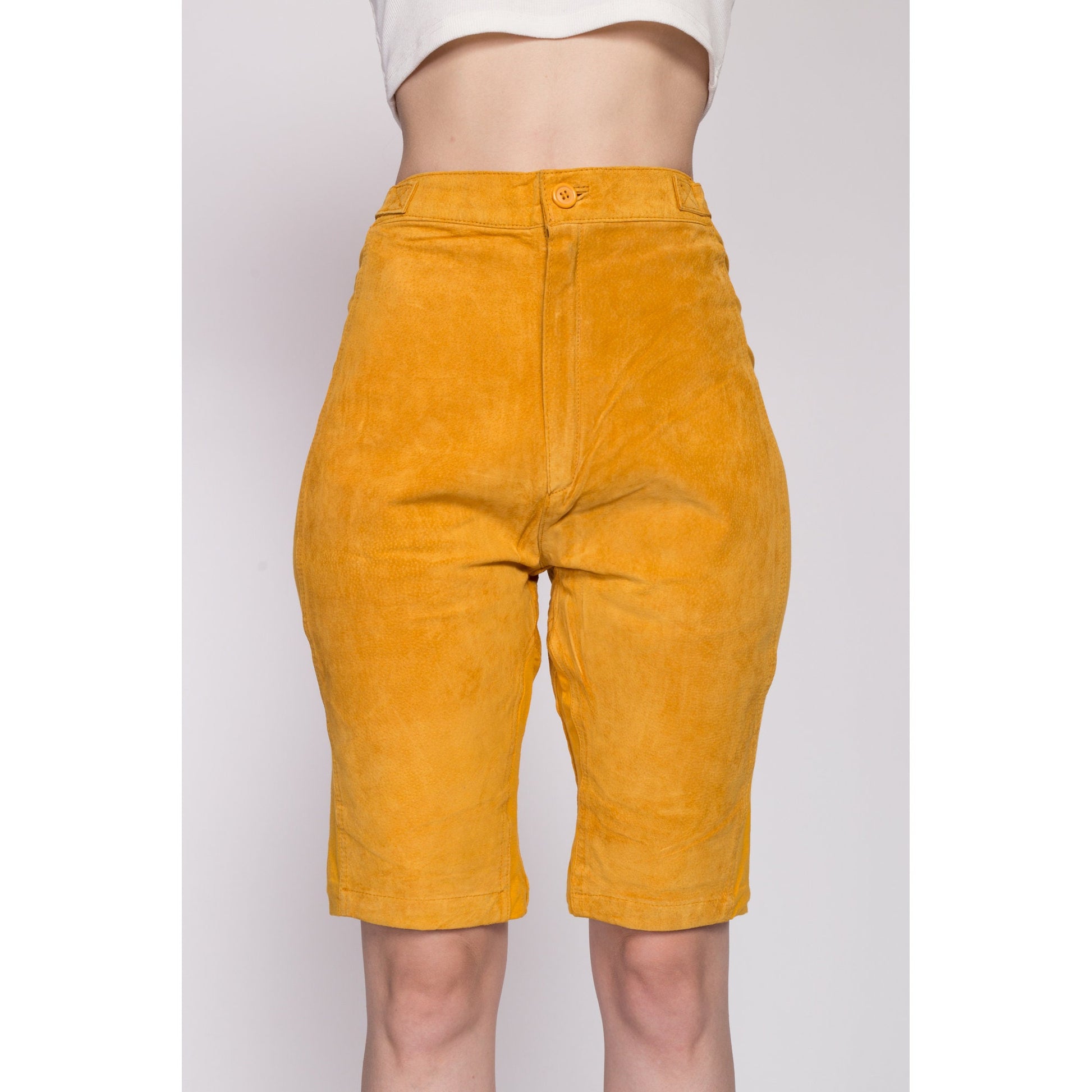 M| Vintage Yellow Suede Biker Shorts, Deadstock - Medium | 80s 90s High Waisted Adjustable Leather Motorcycle Riding Gear