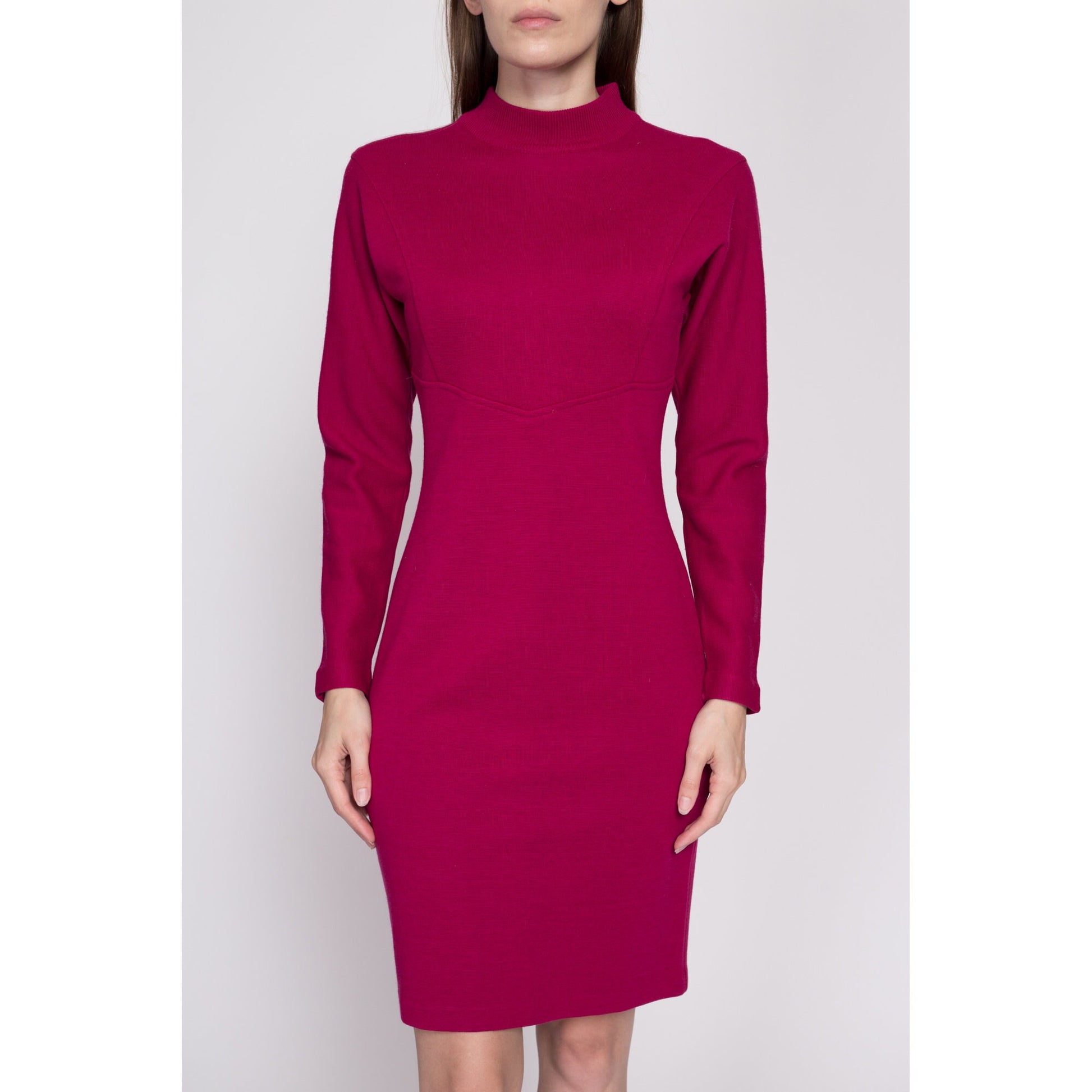 S| 80s Magenta Knit Mini Sweater Dress - Small | Vintage Dolman Sleeve Mockneck Wool Blend Dress