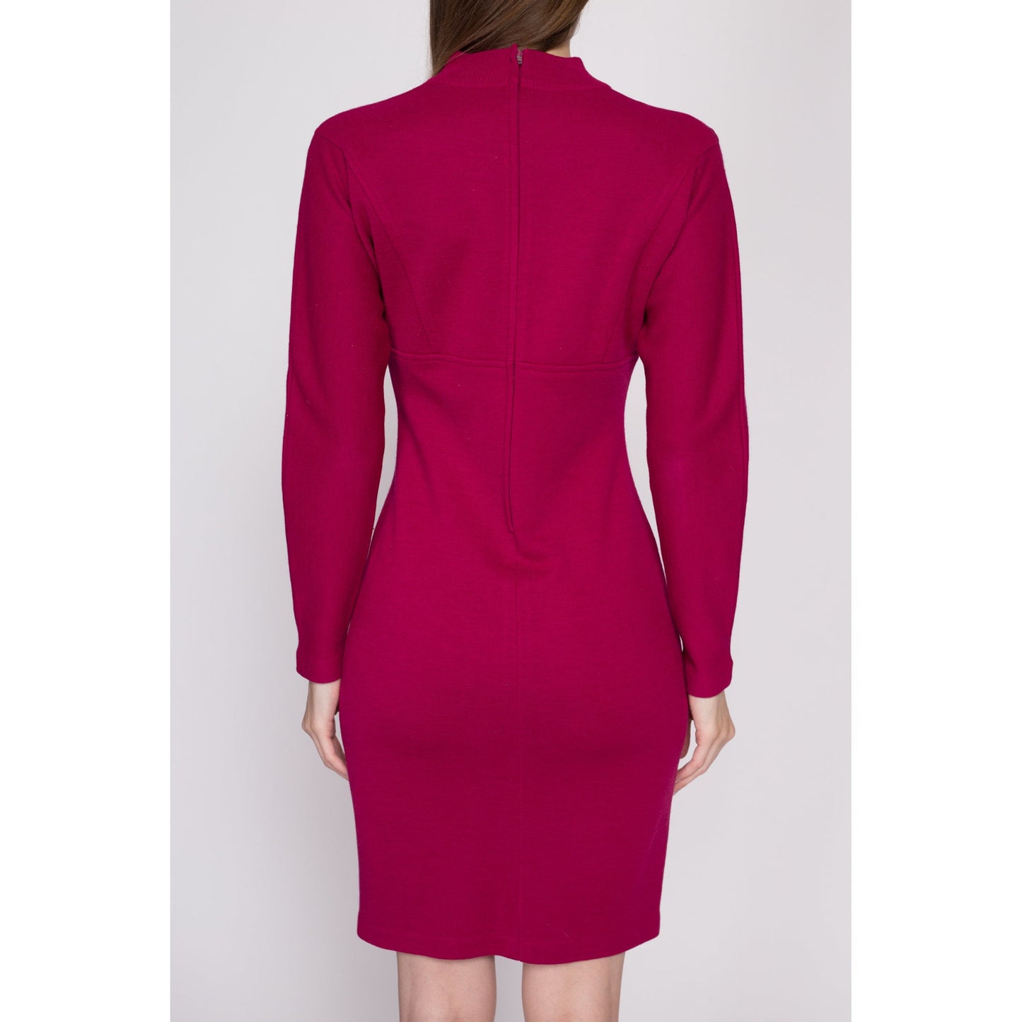 S| 80s Magenta Knit Mini Sweater Dress - Small | Vintage Dolman Sleeve Mockneck Wool Blend Dress