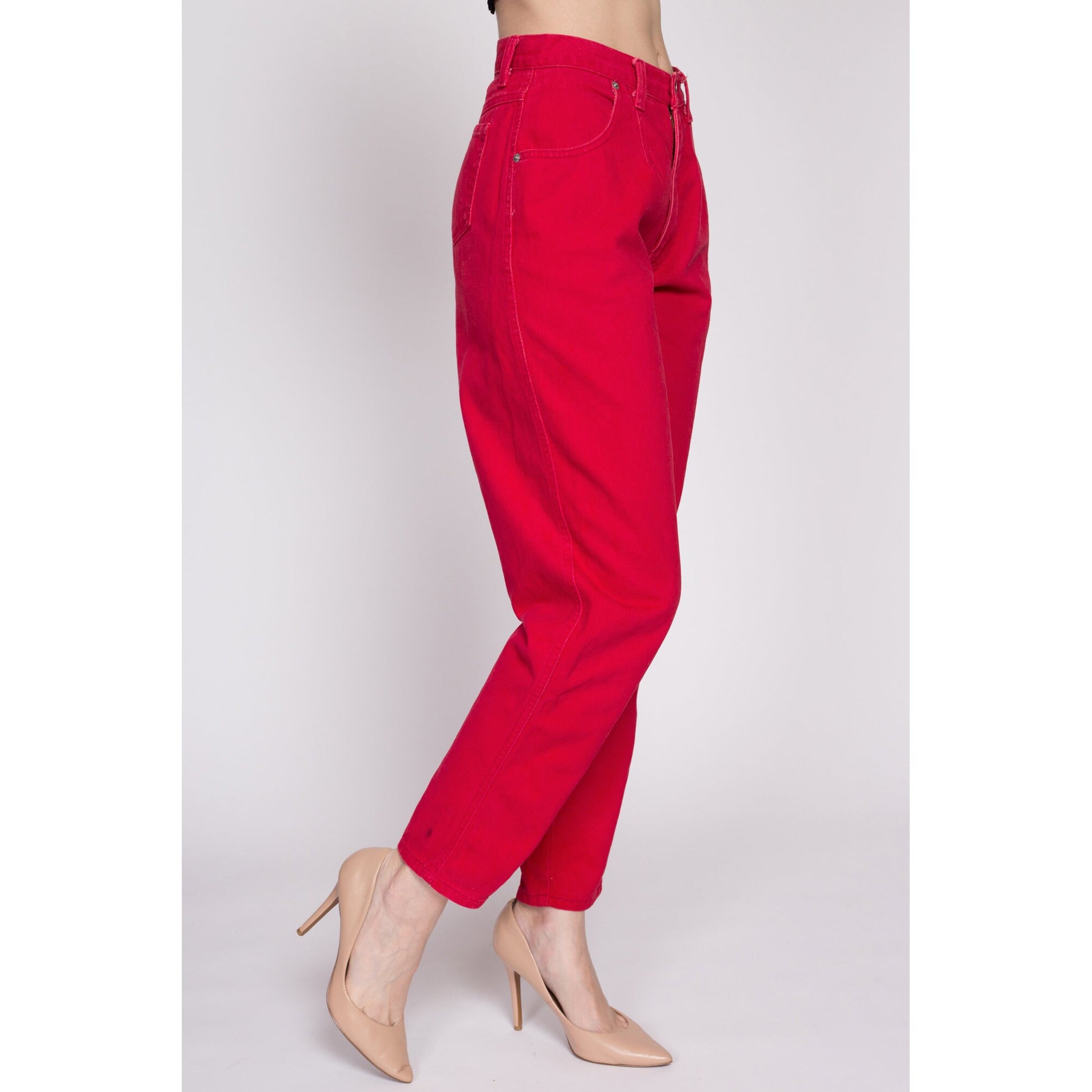 S| 90s Sassoon Red High Waisted Jeans - Small, 26" | Vintage Soft Denim Pleated Tapered Leg Mom Jeans