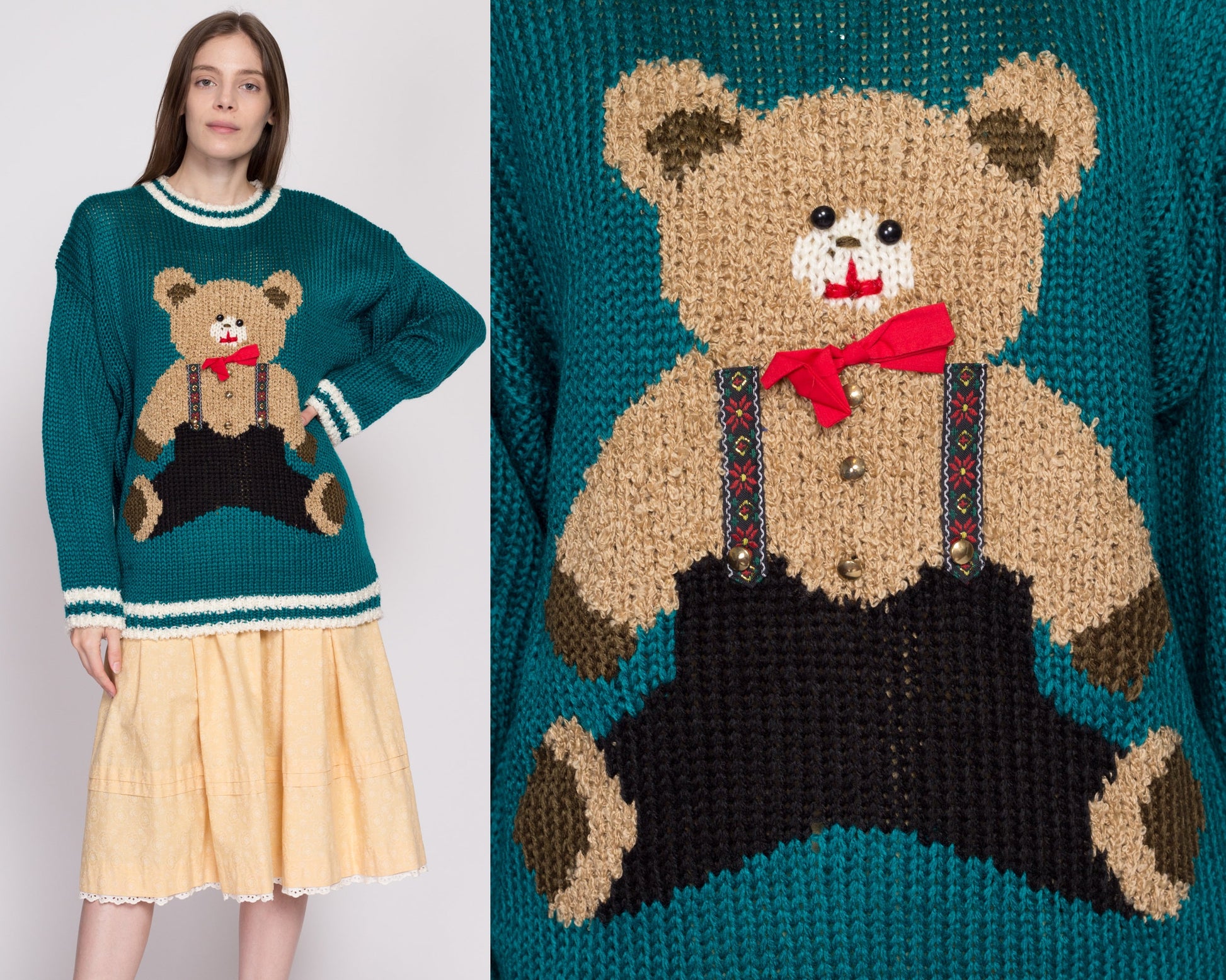 2X| 80s Teddy Bear Novelty Sweater, Deadstock - 2X | Vintage Green Knit Cute Animal Pullover Jumper