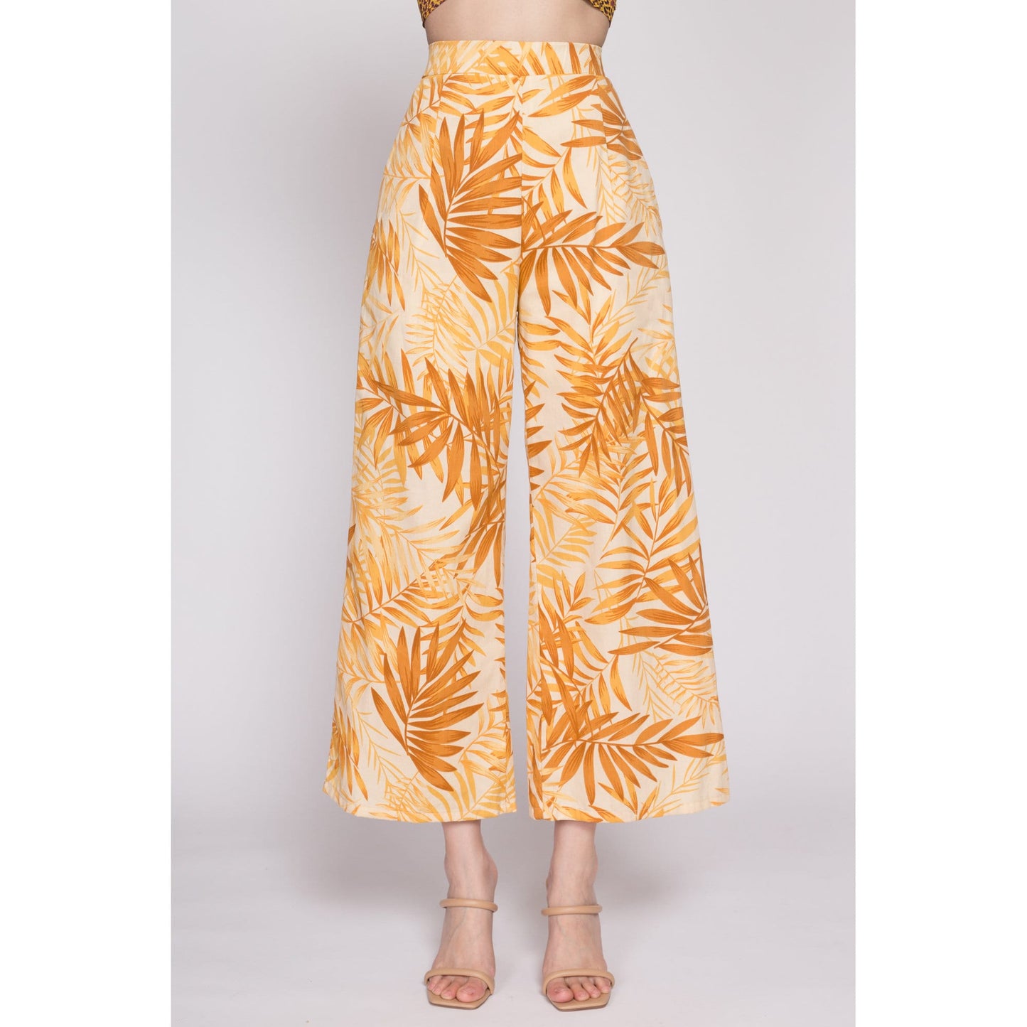 XS| Vintage Yellow Tropical Leaf Print Flared Pants - Extra Small | 90s Y2K Boho Palm Frond Casual Pocket Trousers