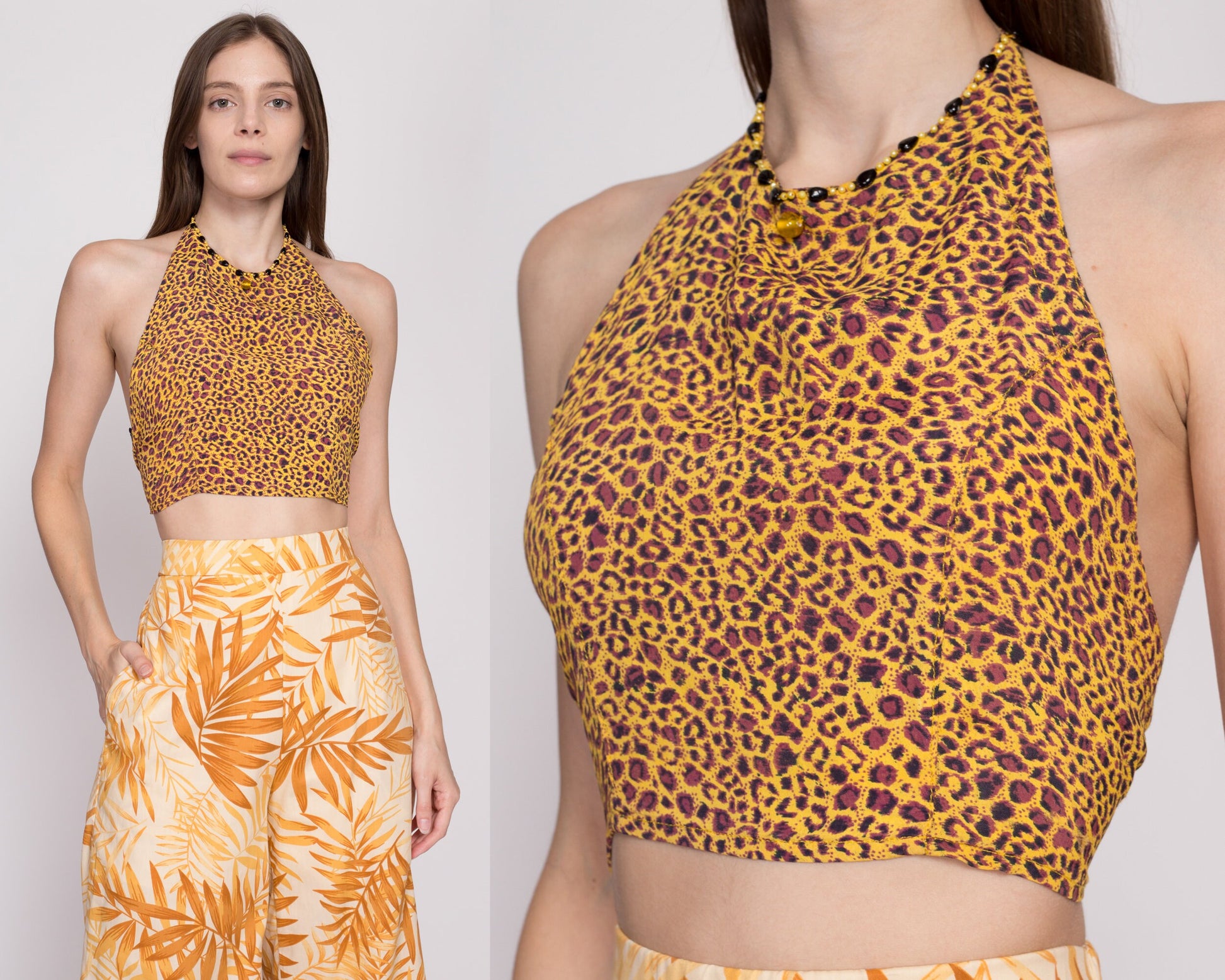 XS-S| 90s Leopard Print Beaded Halter Crop Top - XS to Small | Vintage Boho Jungle Animal Print Cropped Blouse