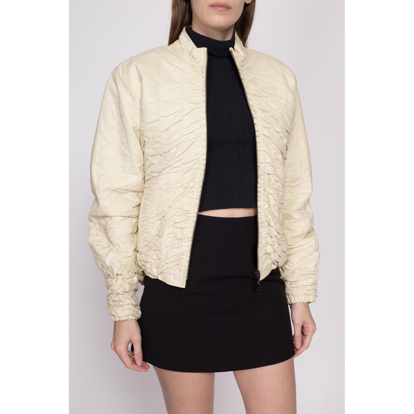 L| 90s Ruched Cream Leather Jacket - Large | Vintage Zip Up Textured Cropped Bubble Coat