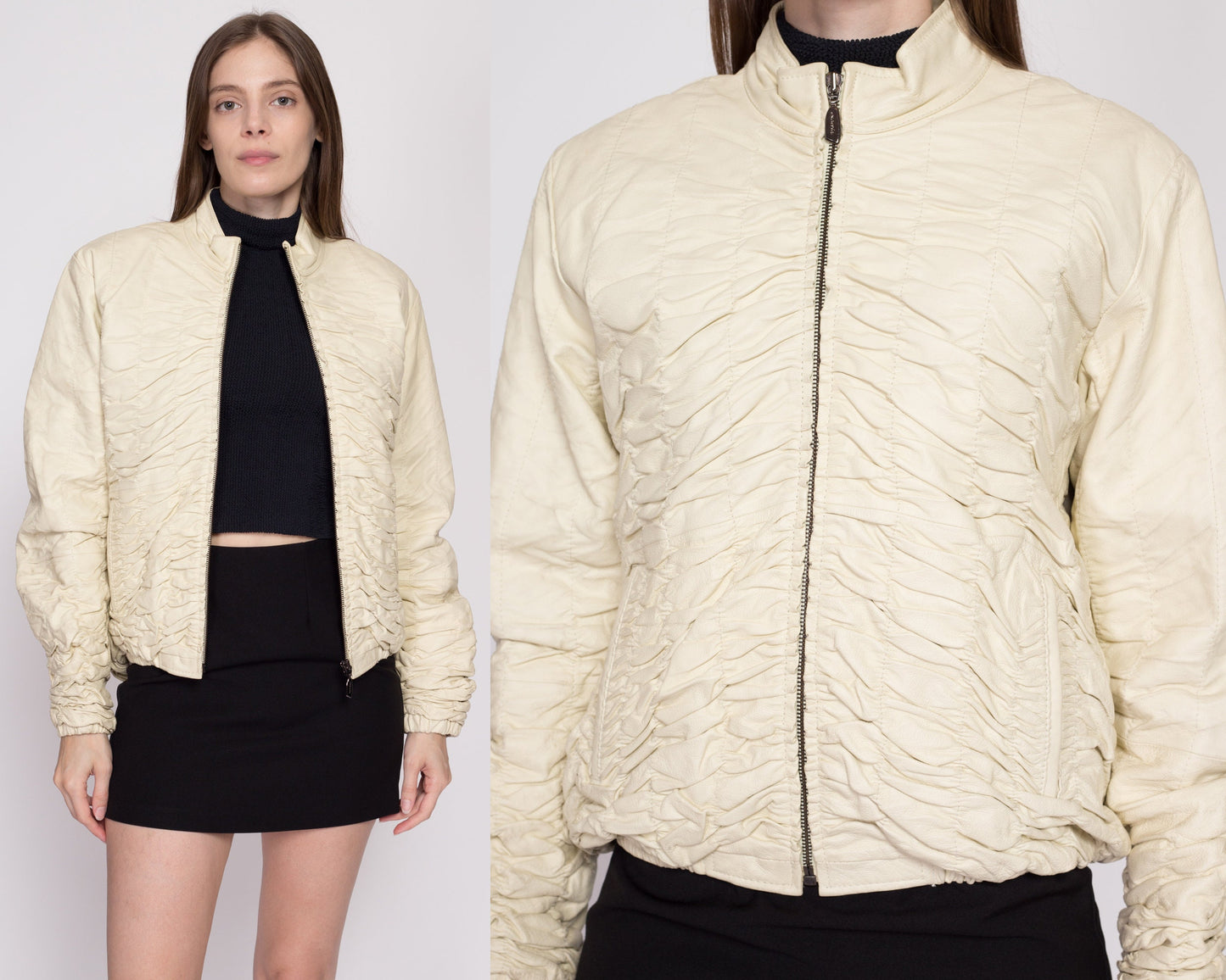 L| 90s Ruched Cream Leather Jacket - Large | Vintage Zip Up Textured Cropped Bubble Coat