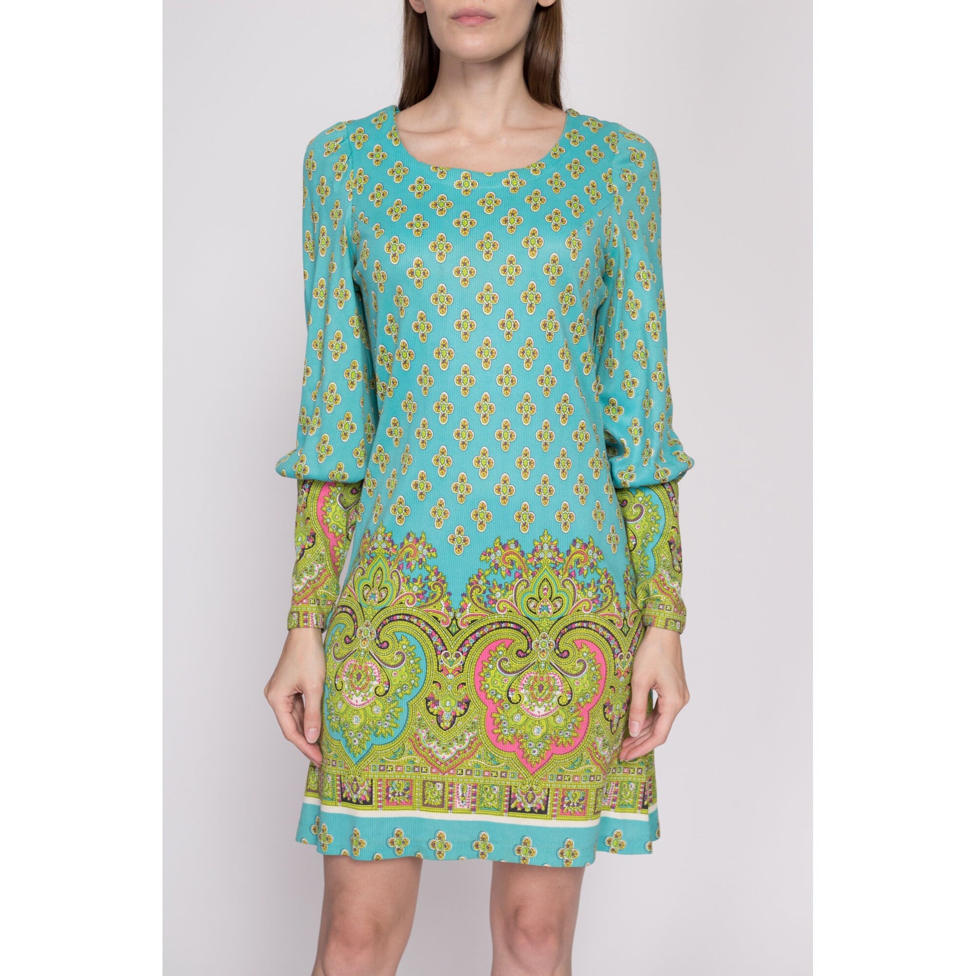 XS-S| 60s Psychedelic Paisley Print Mini Dress - XS to Small | Vintage Blue Green Long Sleeve A Line Shift Mod Minidress