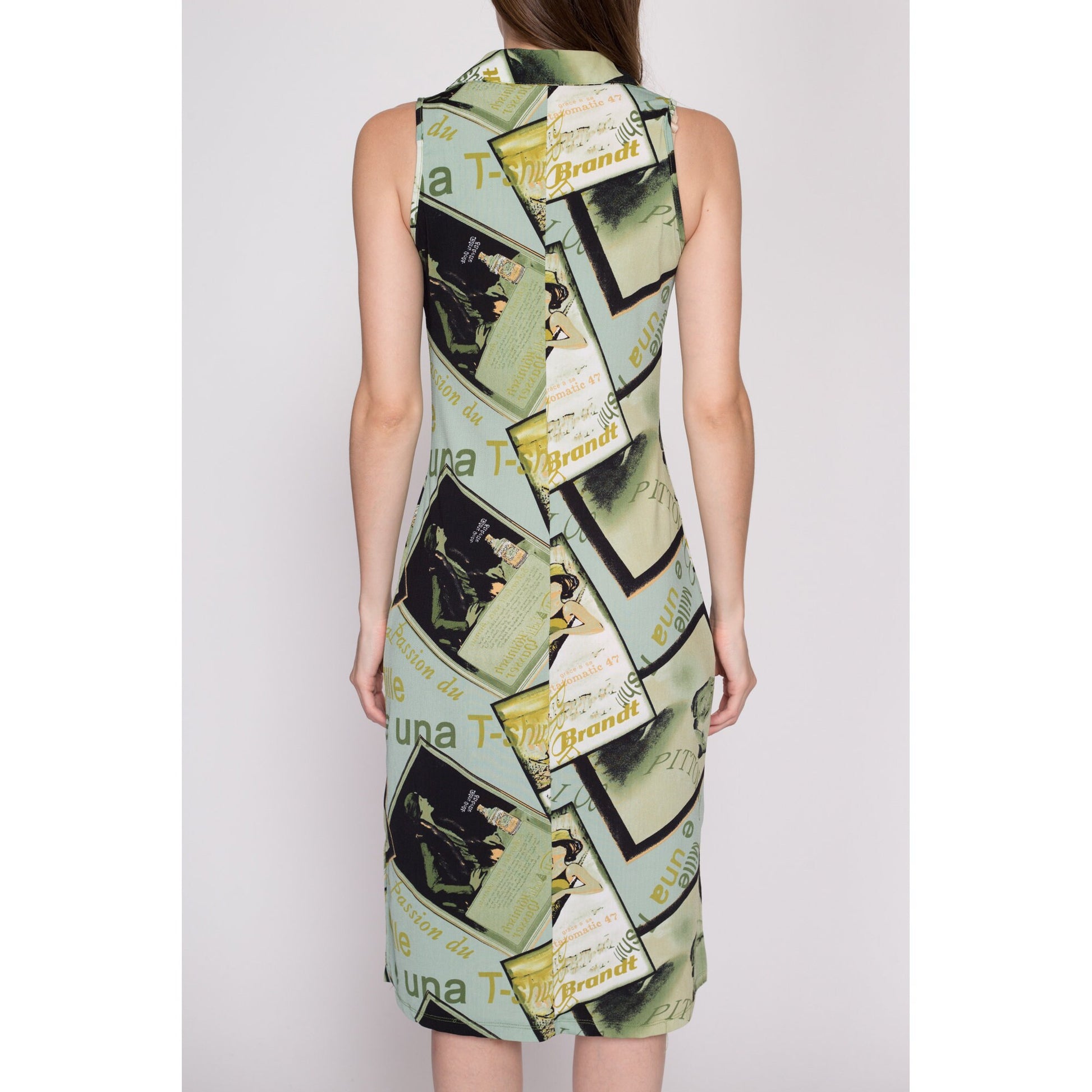 M| 90s Art Deco Graphic Midi Dress - Medium | Vintage Italian French Pop Art Advertisement All Over Print Sleeveless Shift