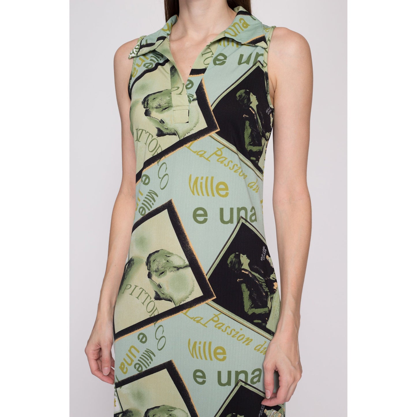 M| 90s Art Deco Graphic Midi Dress - Medium | Vintage Italian French Pop Art Advertisement All Over Print Sleeveless Shift